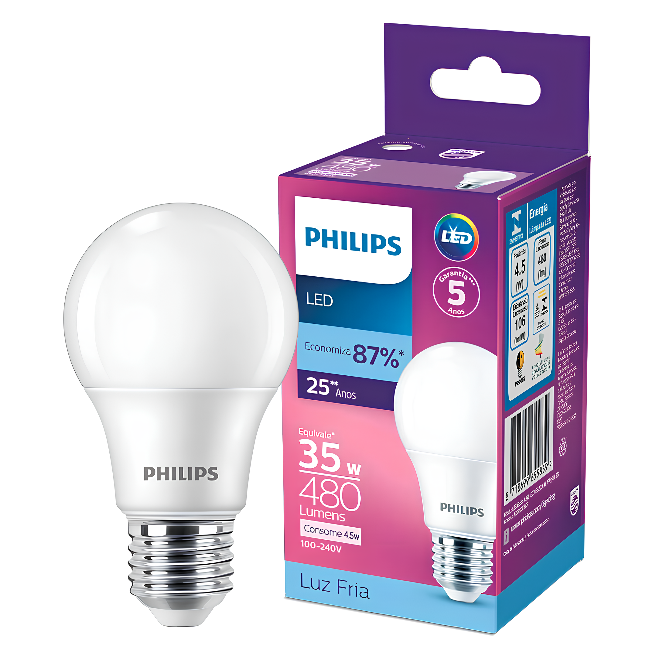 Kit 3 Lampada Led Bulbo 4,5W 480Lm 180° Bivolt E27 Philips
