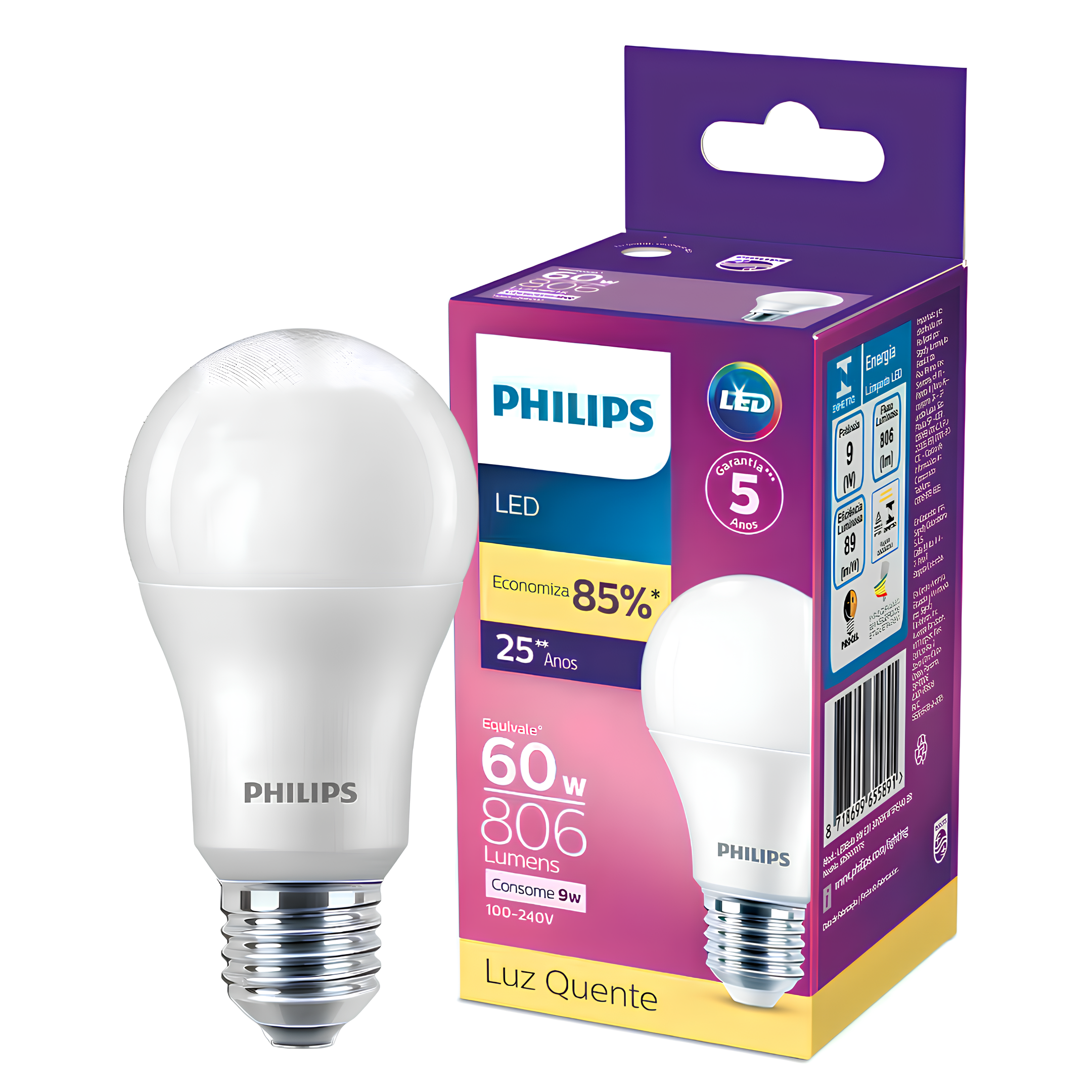 Kit 3 Lampada Led Bulbo 9W 806Lm 180° Bivolt E27 Philips