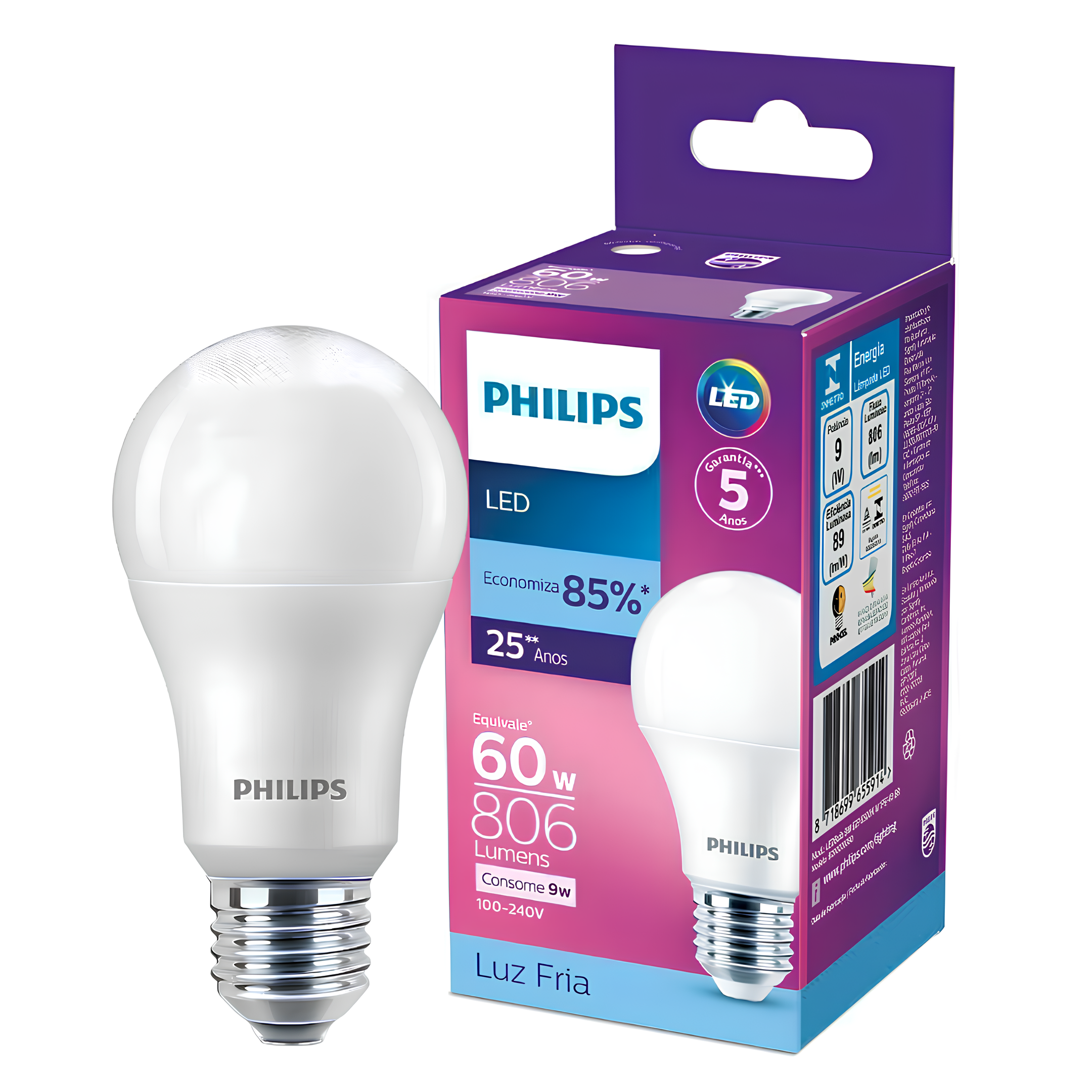 Kit 3 Lampada Led Bulbo 9W 806Lm 180° Bivolt E27 Philips