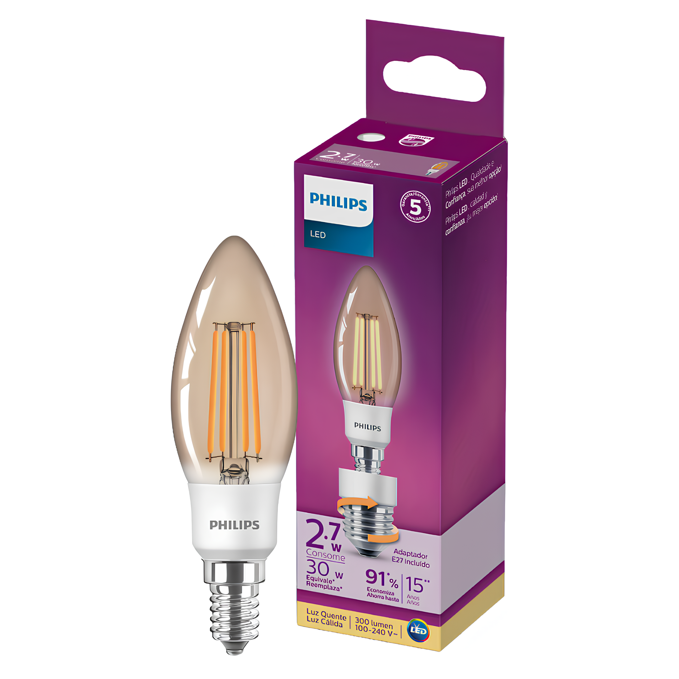 Lampada Led Vela Filamento 2,7W 2500K 300Lm 280° Gen2 Philips