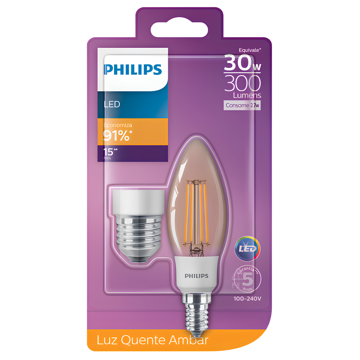 Lampada Led Vela Filamento 2,7W 2500K 300Lm 280° Philips