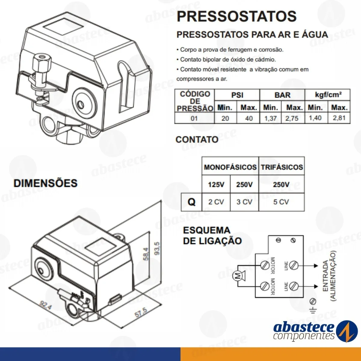 Pressostato Ar E Água 20/40 Psi - Margirius