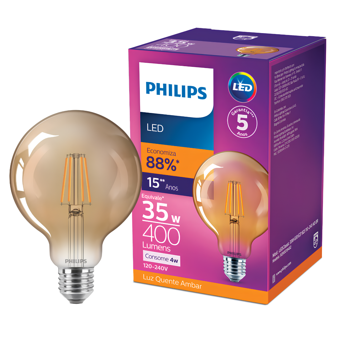 Lampada Led Globo G93 Filamento Vintage 4W 2500K 400Lm E27 Philips