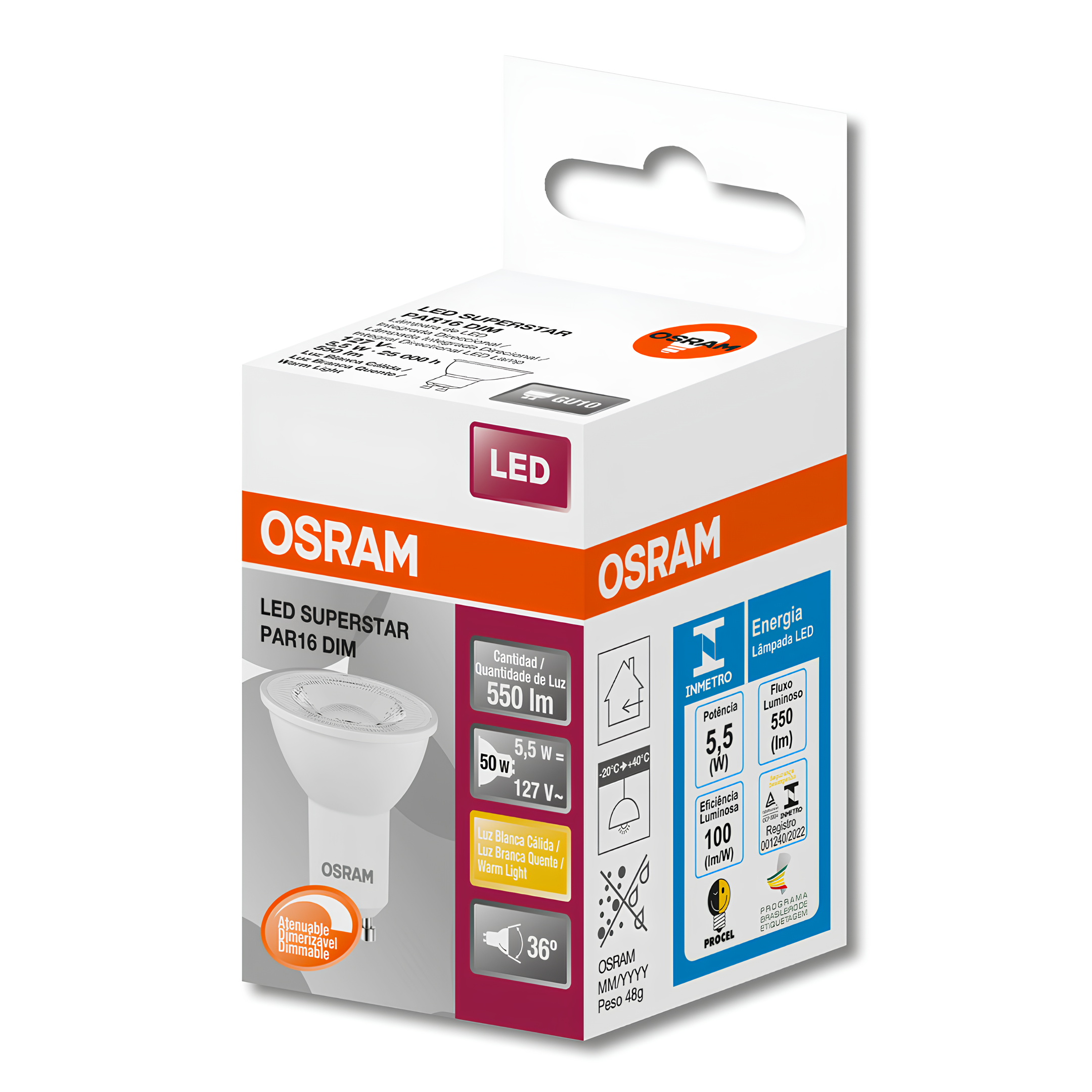 Lampada Led Dicroica Par16 Dim 5,5W 2700K 550Lm Gu10 Osram
