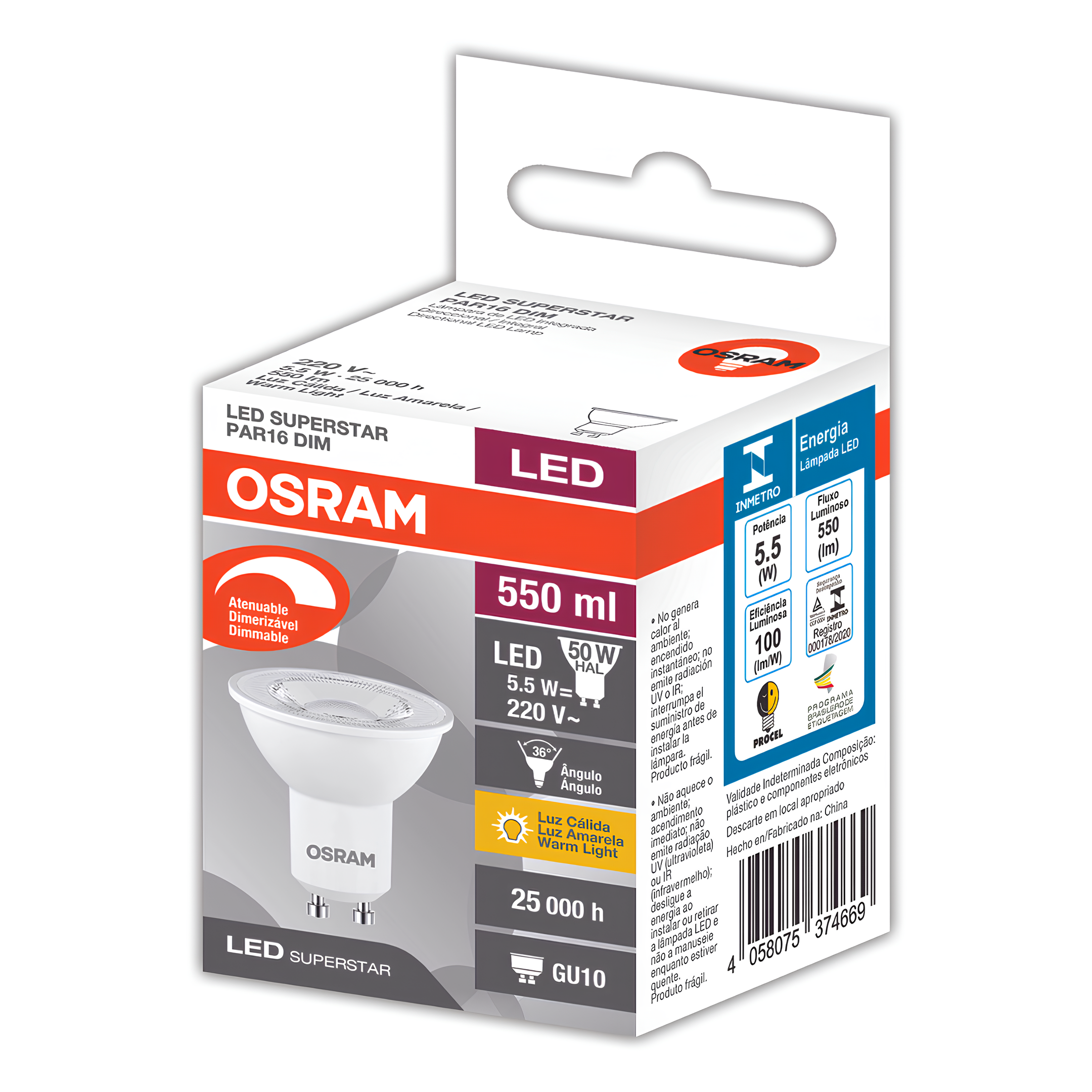 Lampada Led Dicroica Par16 Dim 5,5W 2700K 550Lm Gu10 Osram