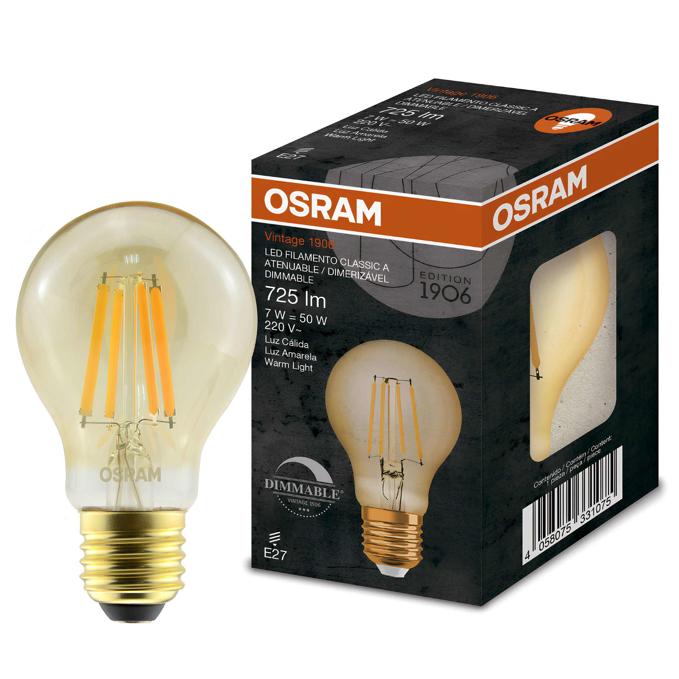 Lampada Led Bulbo Vintage Filamento Dim 7W 2500K 725Lm E27 Osram