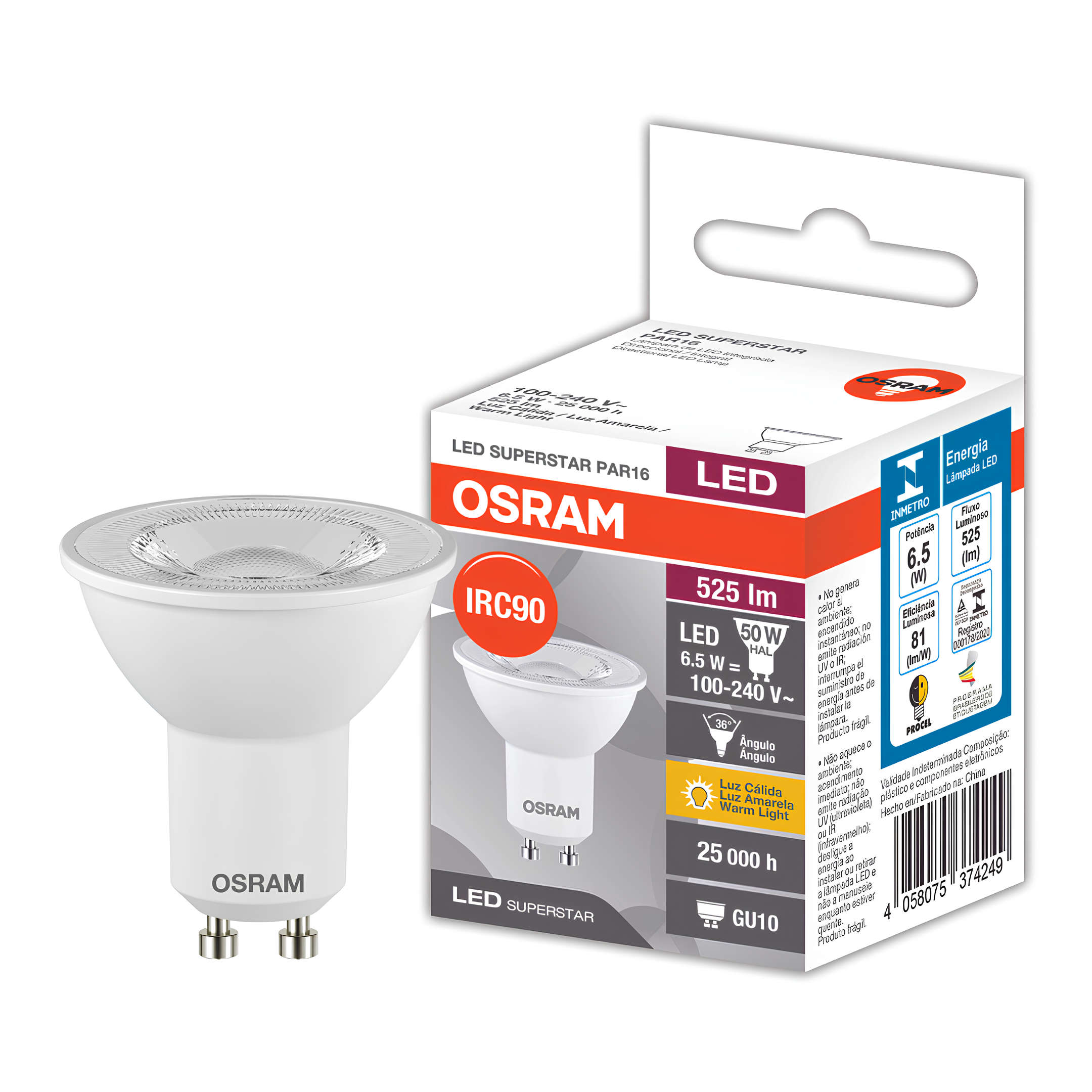 Lampada Led Dicroica Par16 Irc90 6,5W 2700K 525Lm 36° Bivolt Osram