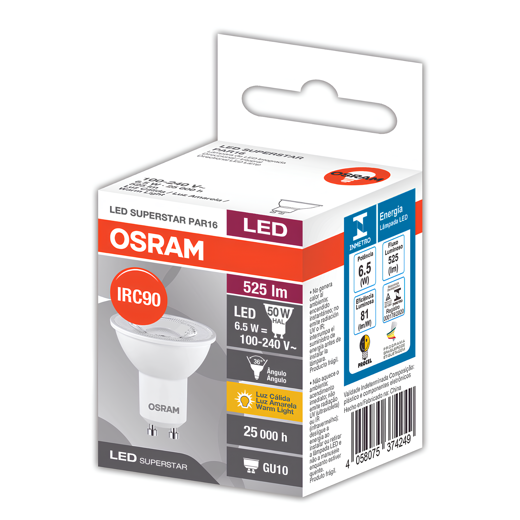 Lampada Led Dicroica Par16 Irc90 6,5W 2700K 525Lm 36° Bivolt Osram