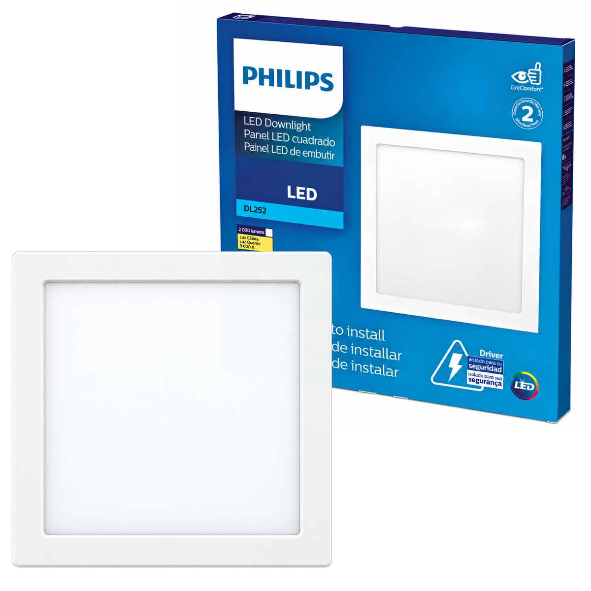 Luminária Led Quadrada Embutir 24W 2000Lm Bivolt 29,3Cm Dl252 Philips