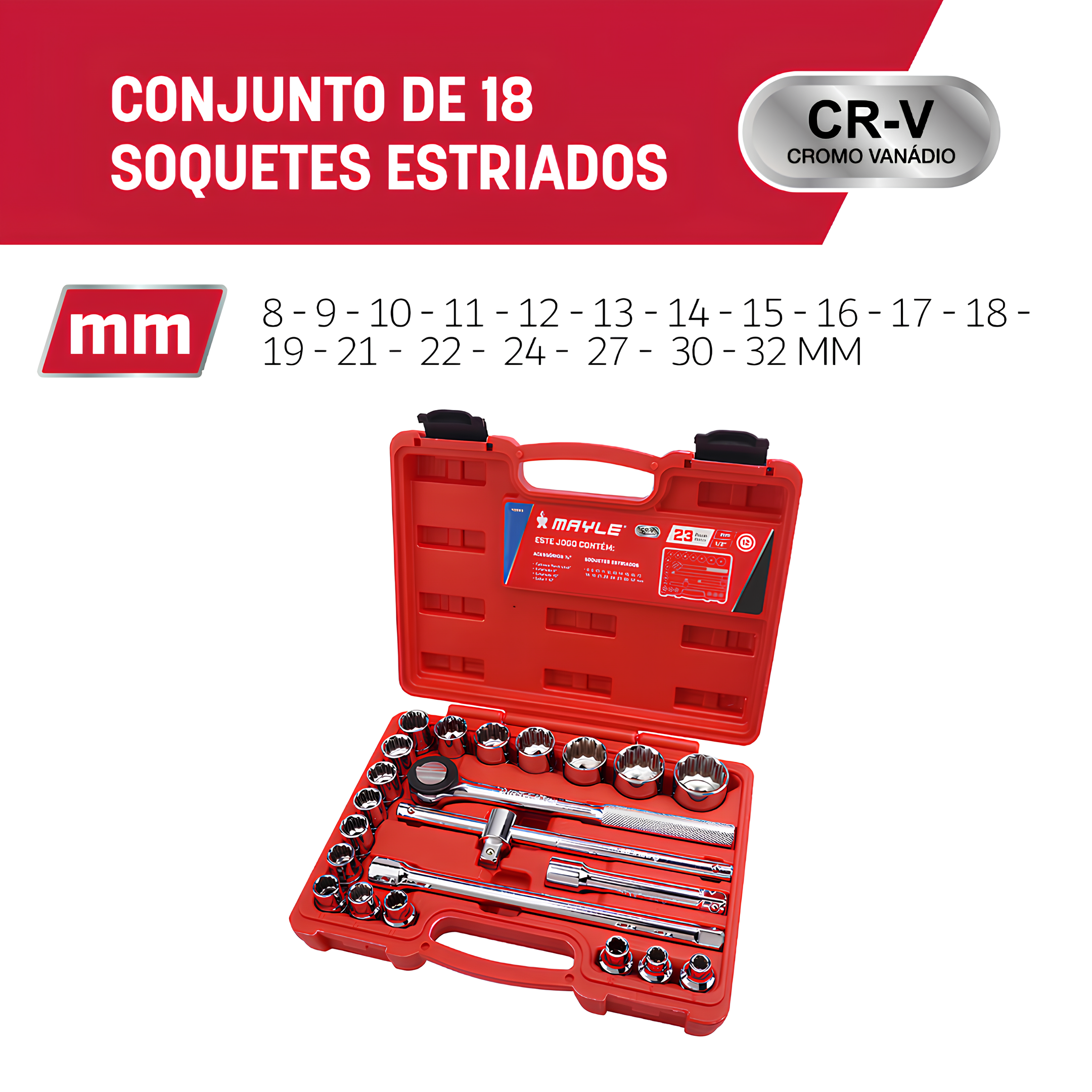 Jogo Soquete Estriado 1/2" 8-32Mm 23 Peças 110023 Mayle