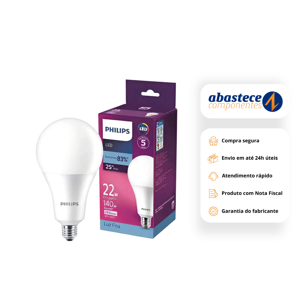 Kit 3 Lampada Led Bulbo 22W 6500K 2300Lm Bivolt E27 Philips