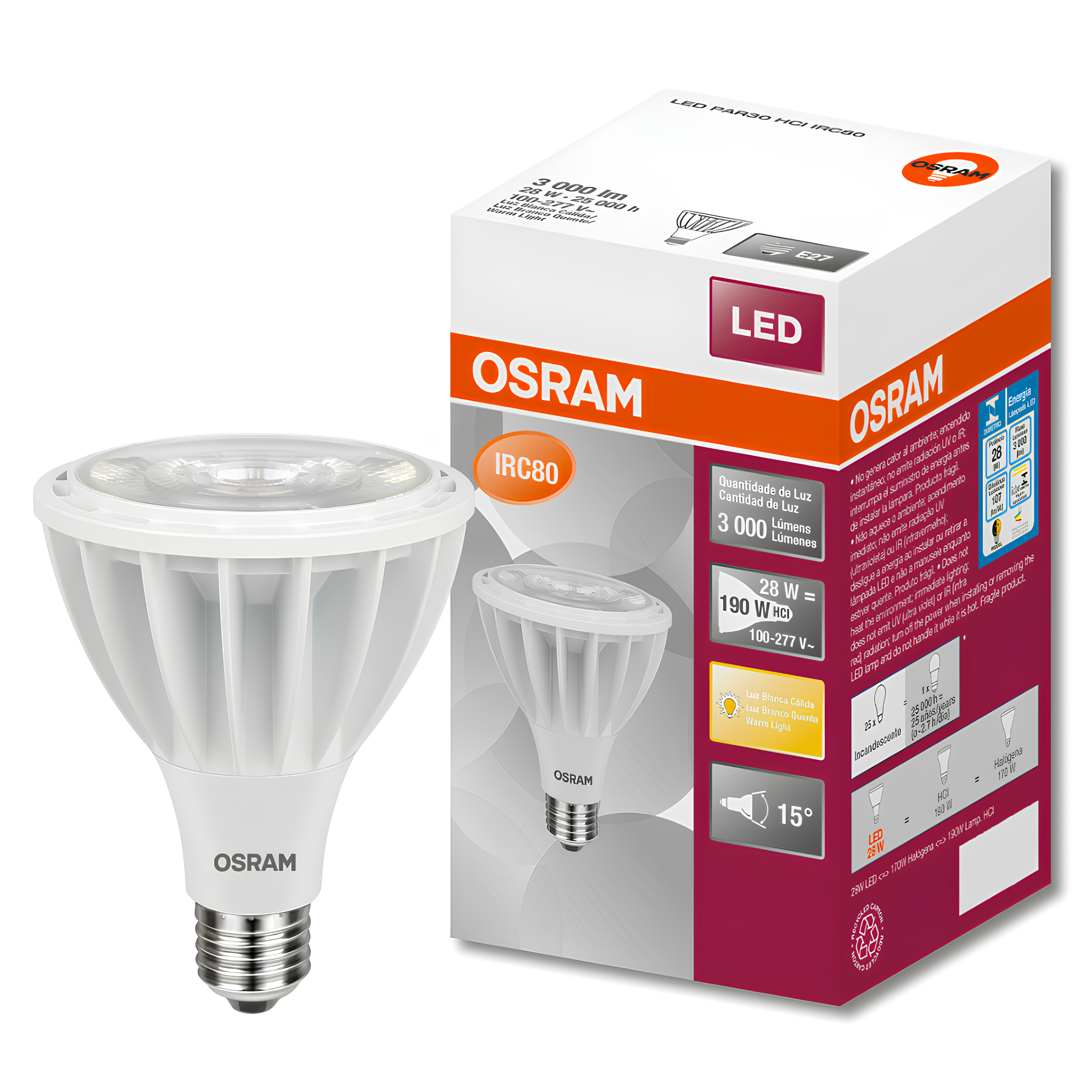 Lampada Led Par30 Hci Irc80 28W 3000K 3000Lm 15° Bivolt E27 Osram