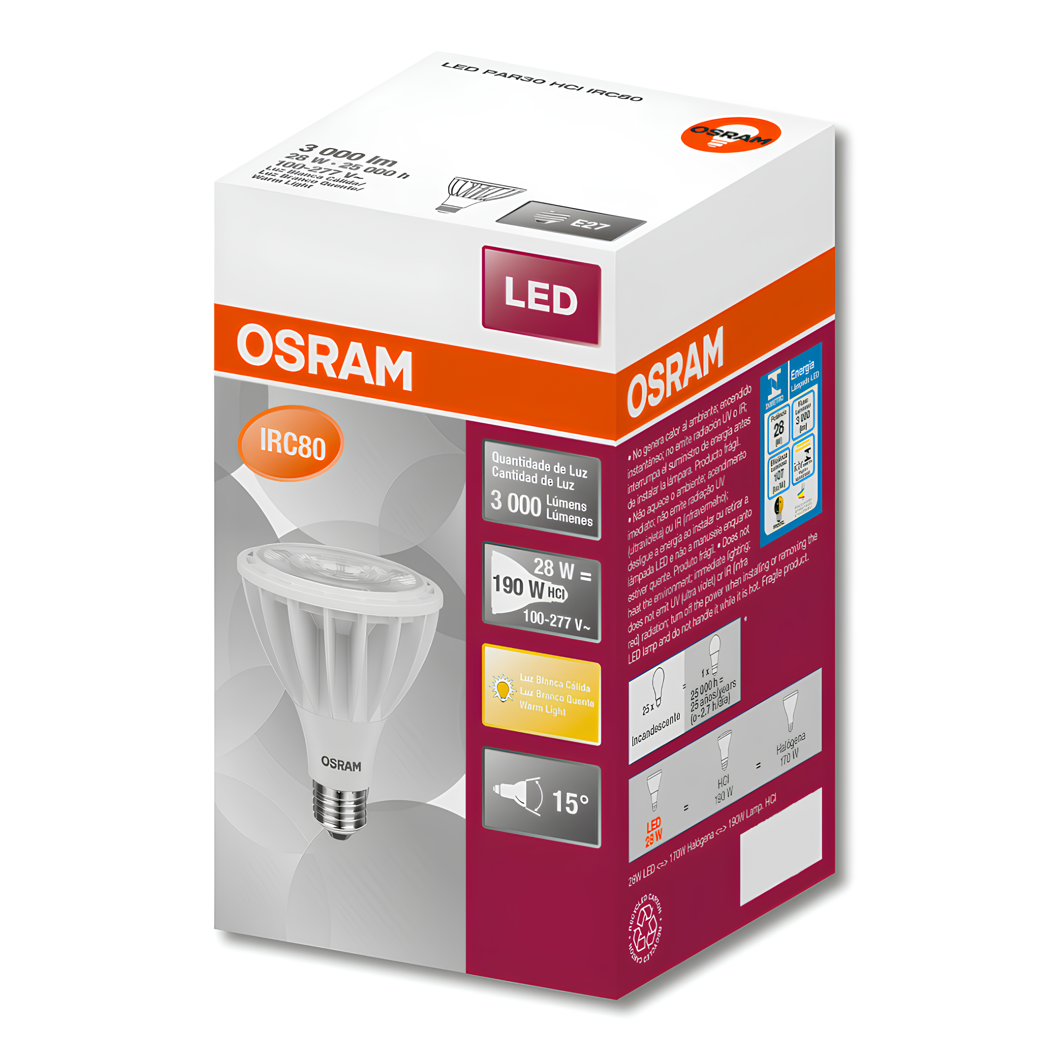 Lampada Led Par30 Hci Irc80 28W 3000K 3000Lm 15° Bivolt E27 Osram