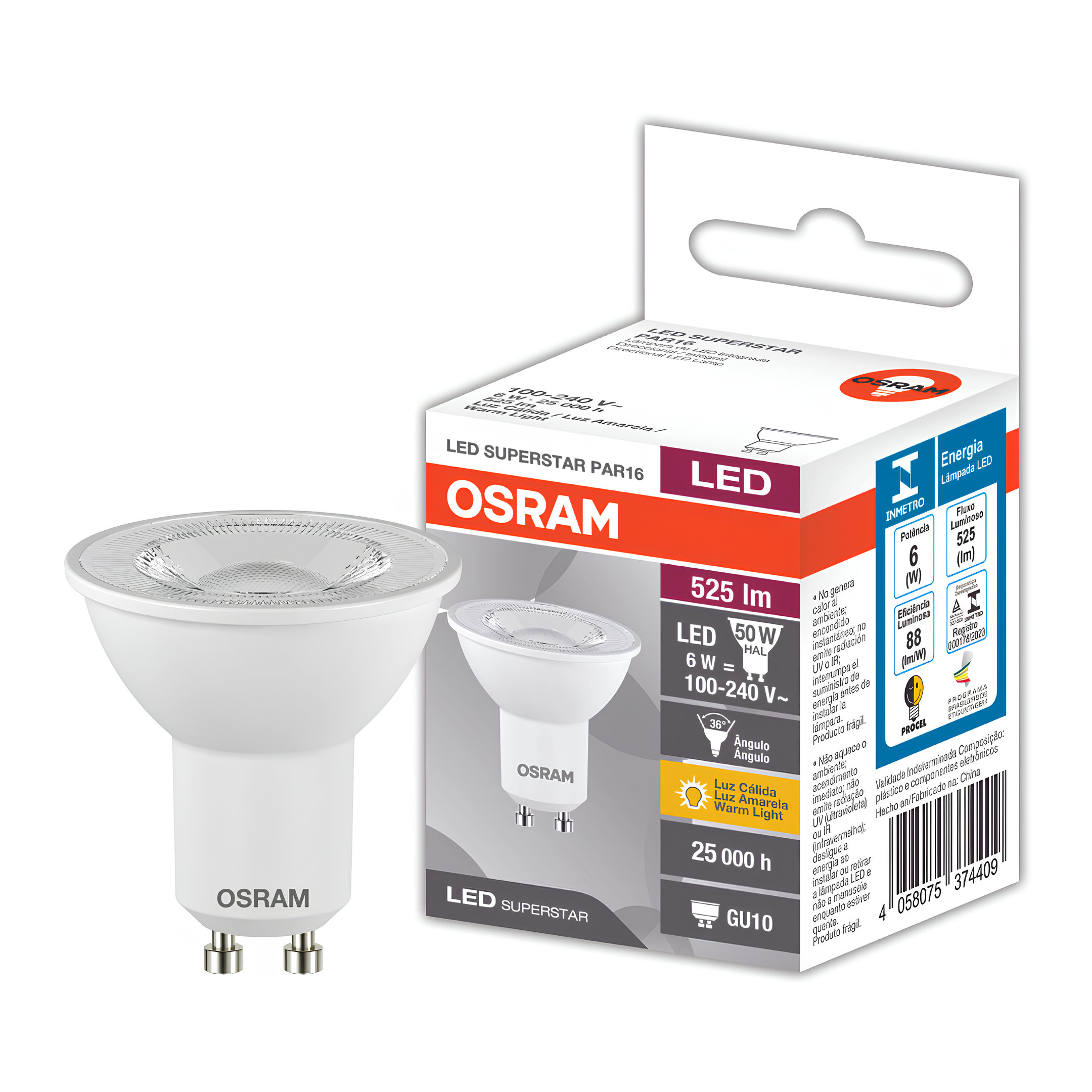 Lampada Led Dicroica Par16 Ho 6W 525Lm 36° Ip20 Bivolt Gu10 Osram