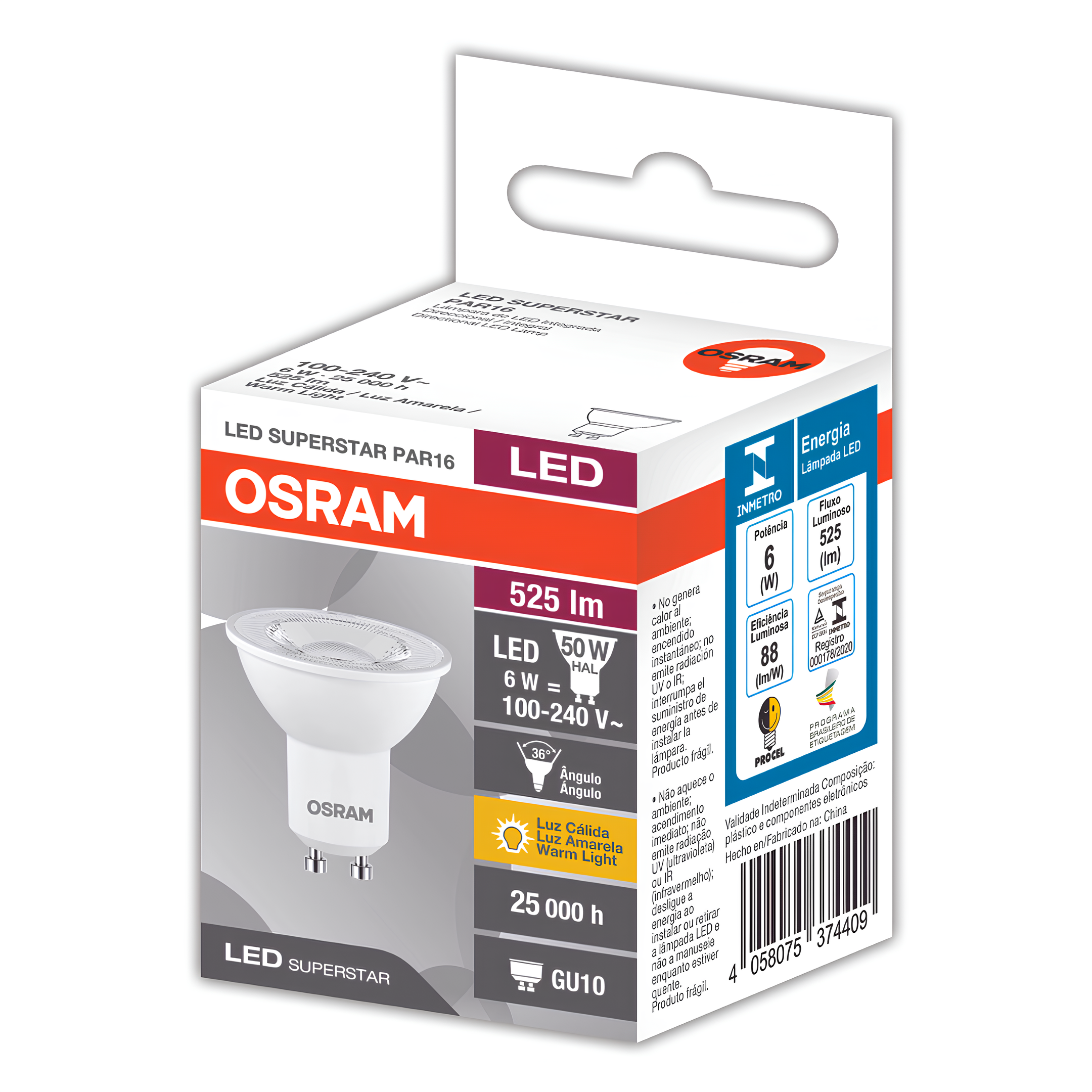 Lampada Led Dicroica Par16 Ho 6W 525Lm 36° Ip20 Bivolt Gu10 Osram