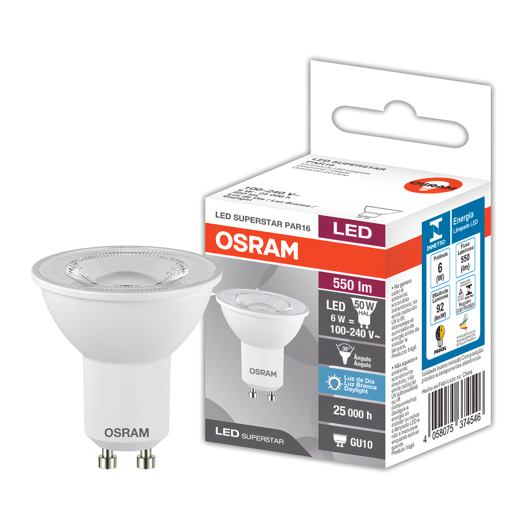 Lampada Led Dicroica Par16 Ho 6W 525Lm 36° Ip20 Bivolt Gu10 Osram