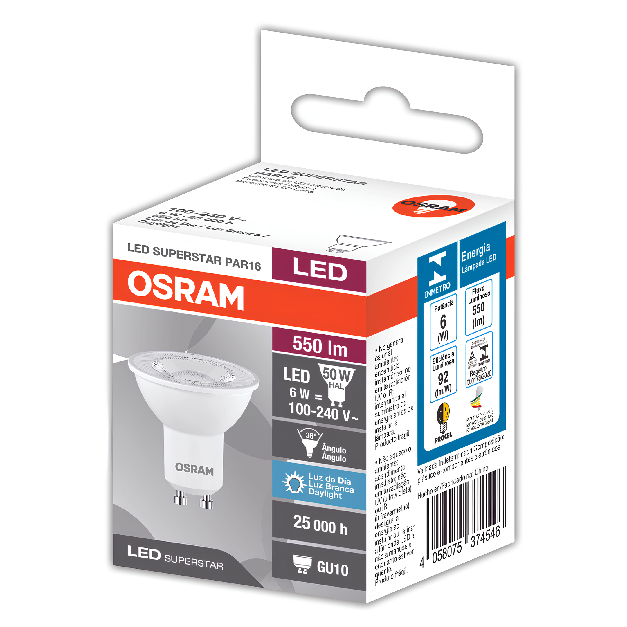Lampada Led Dicroica Par16 Ho 6W 525Lm 36° Ip20 Bivolt Gu10 Osram