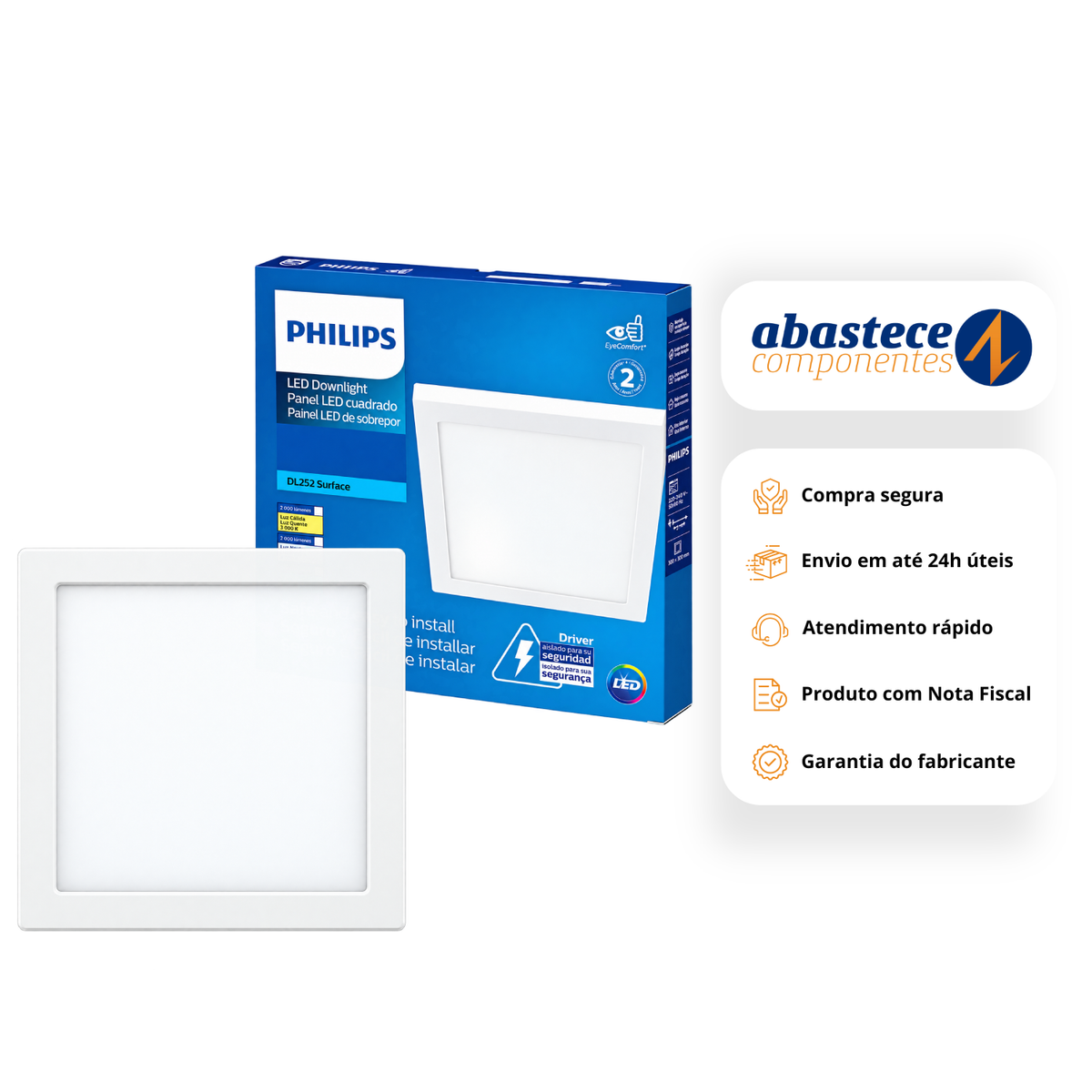 Luminária Led Quadrada Sobrepor 24W 2000Lm 28,5Cm Bivolt Dl252 Philips