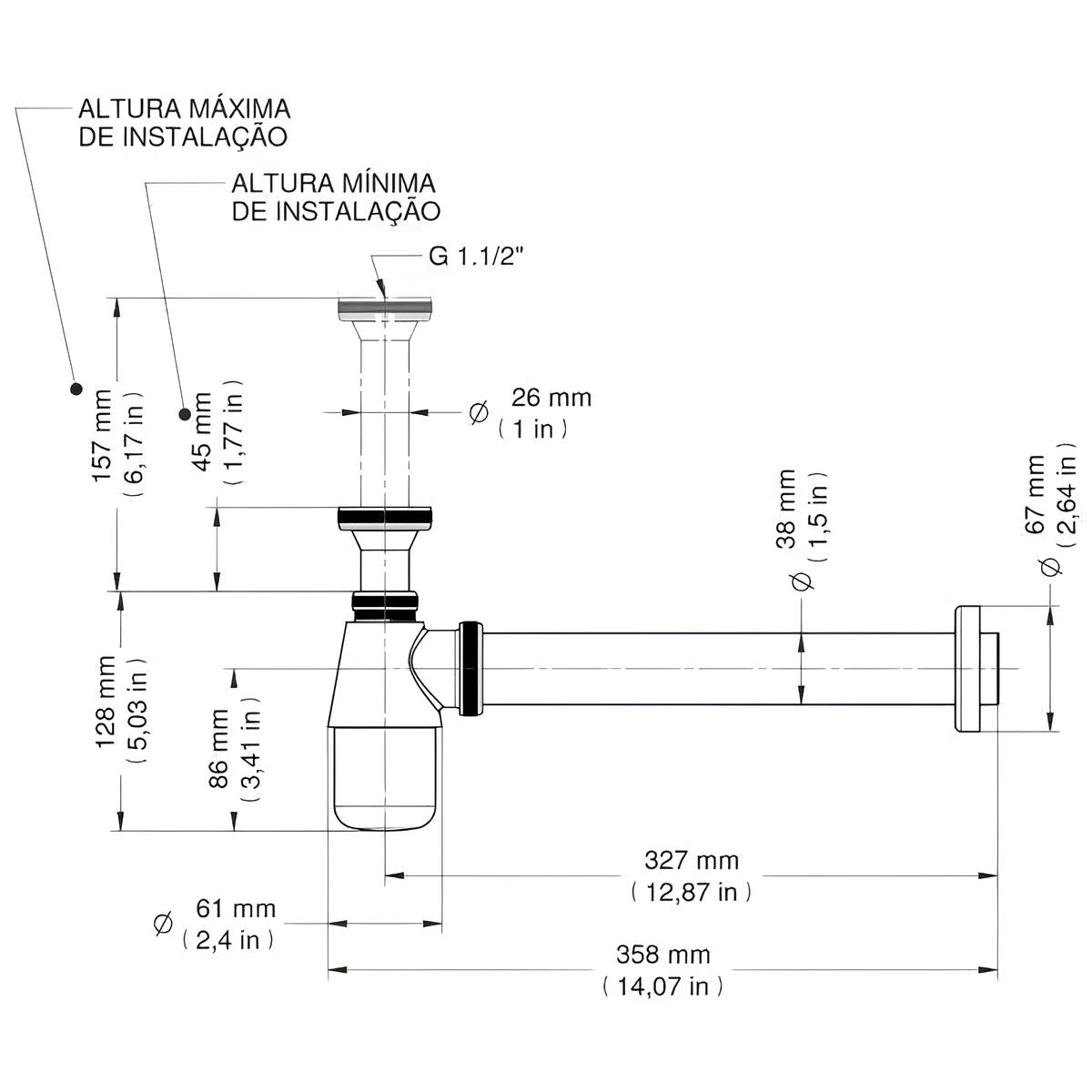 Sifão Para Cozinha Entrada 1.1/2" E Saida 1.1/4" Cromado 00661006 Docol