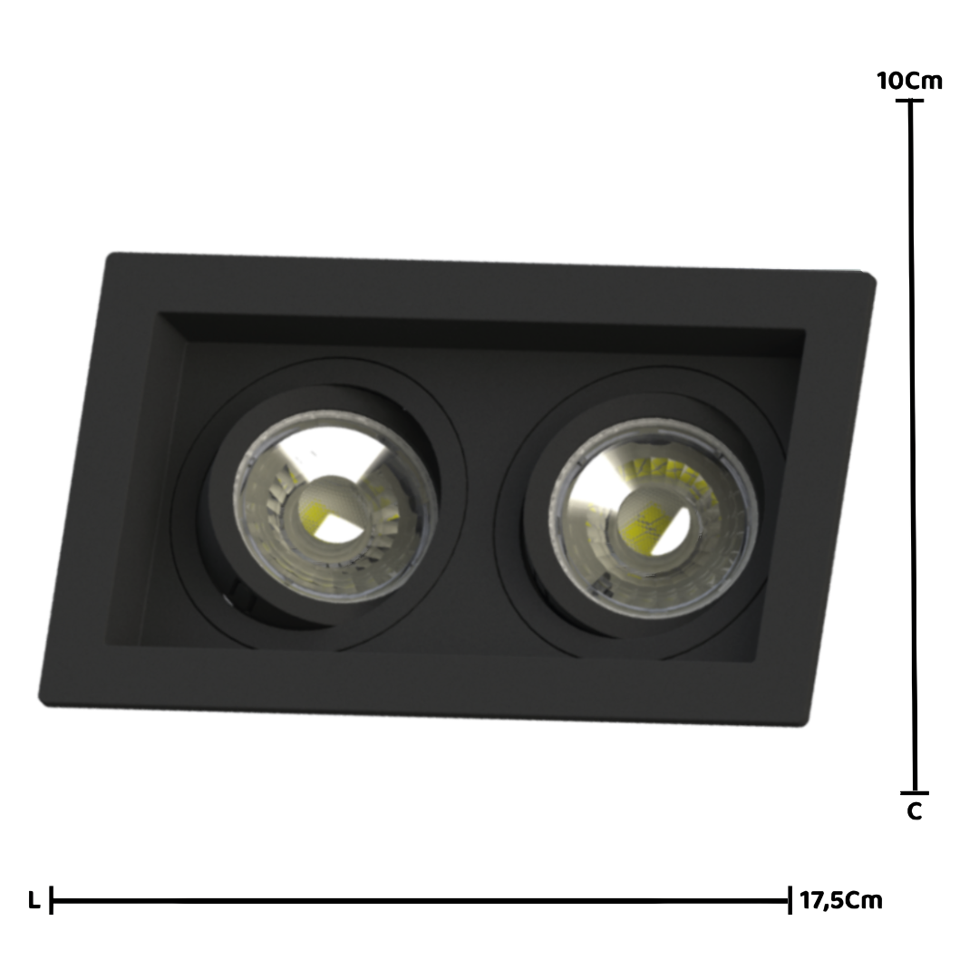 Spot Retangular Embutir Recuado 2x Dicroica Preto 10x17x3,5Cm Saveenergy