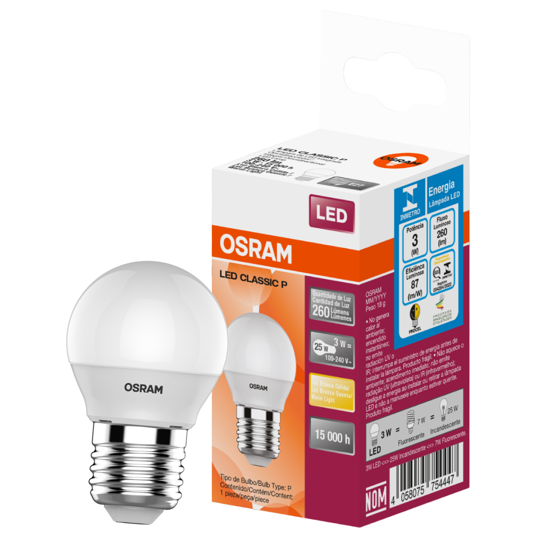 Lampada Led Bolinha 3W 2700K 260Lm Ip20 Bivolt E27 Osram