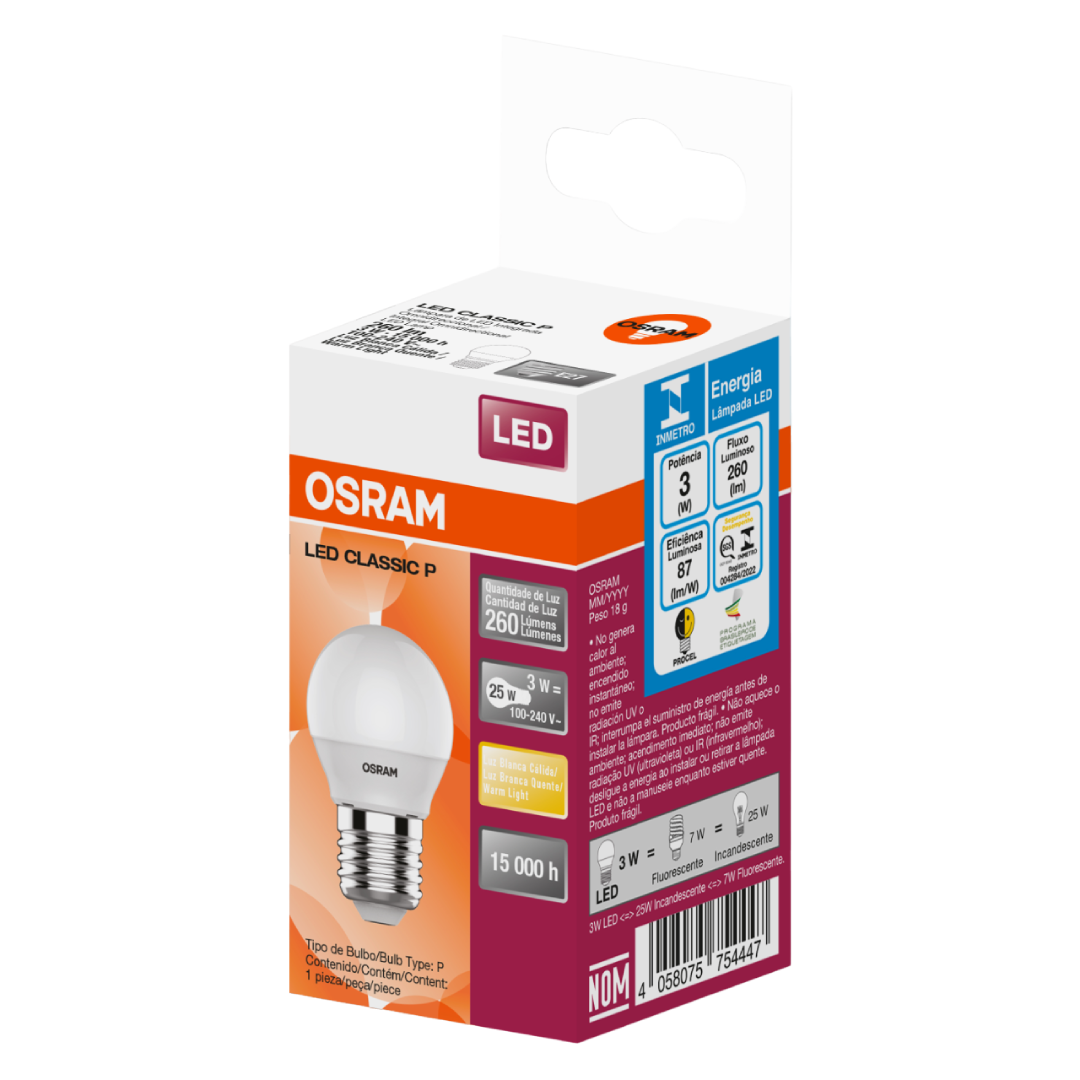 Lampada Led Bolinha 3W 2700K 260Lm Ip20 Bivolt E27 Osram