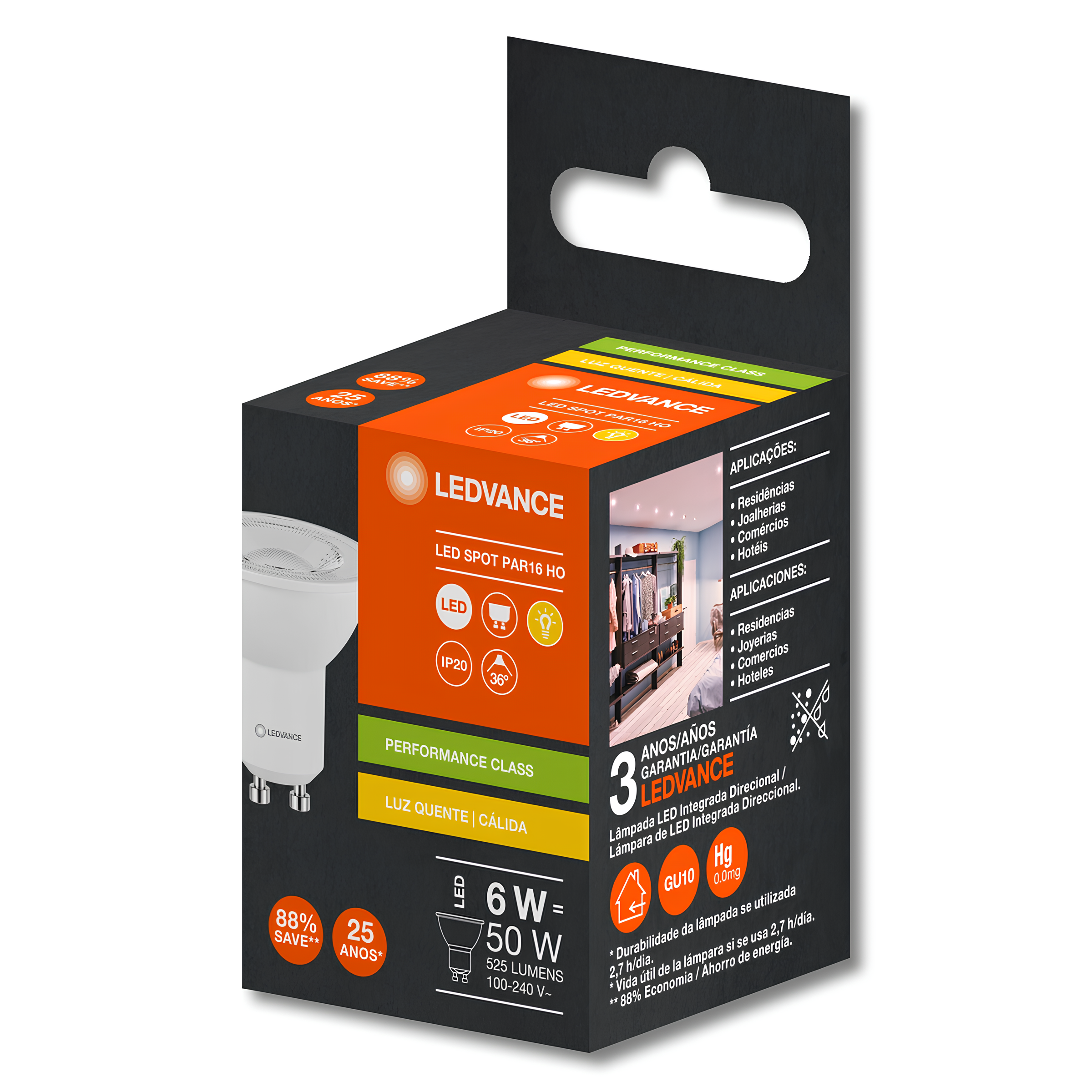 Lampada Led Dicroica Par16 Irc80 6W 2700K 525Lm 36° Gu10 Ledvance
