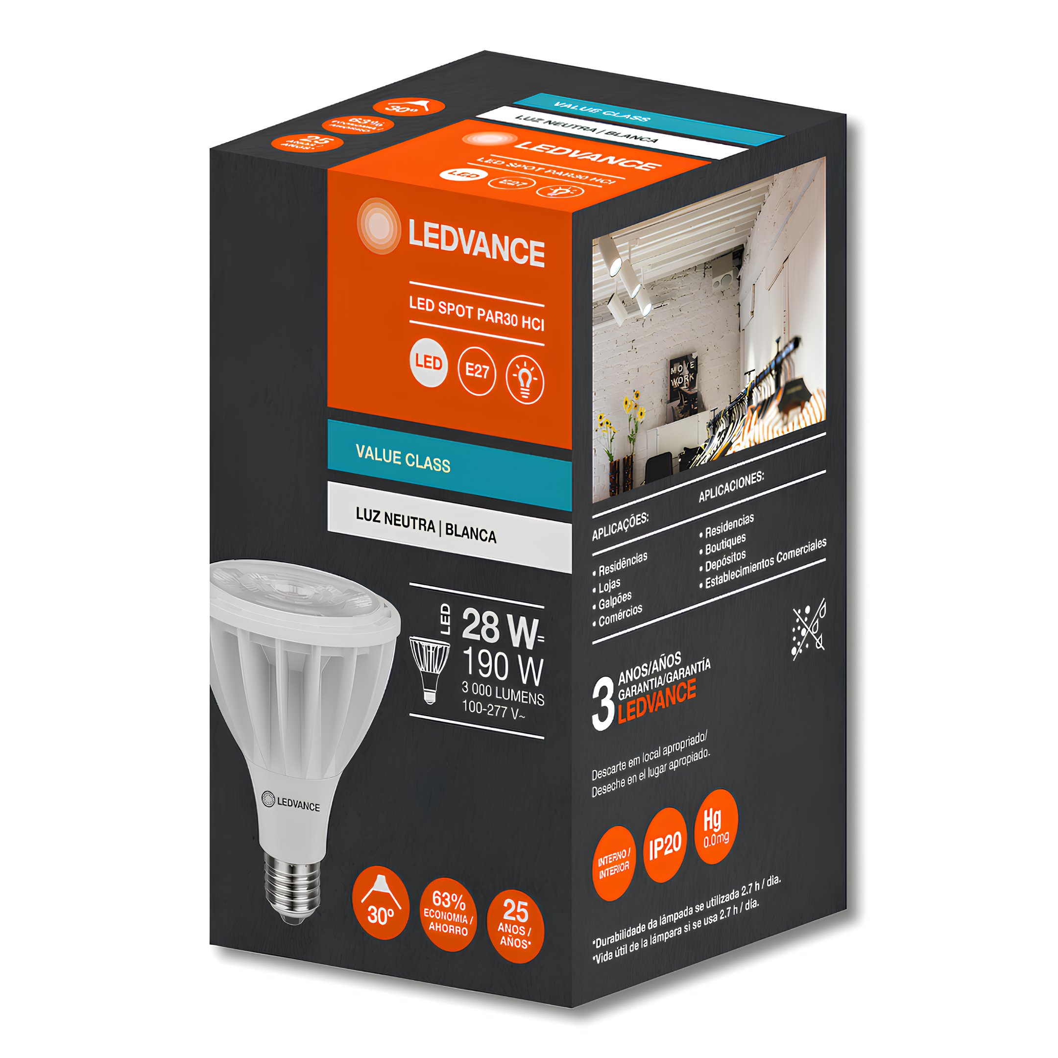 Lampada Led Par30 Hci Irc80 28W 3000Lm 30° Bivolt Ledvance