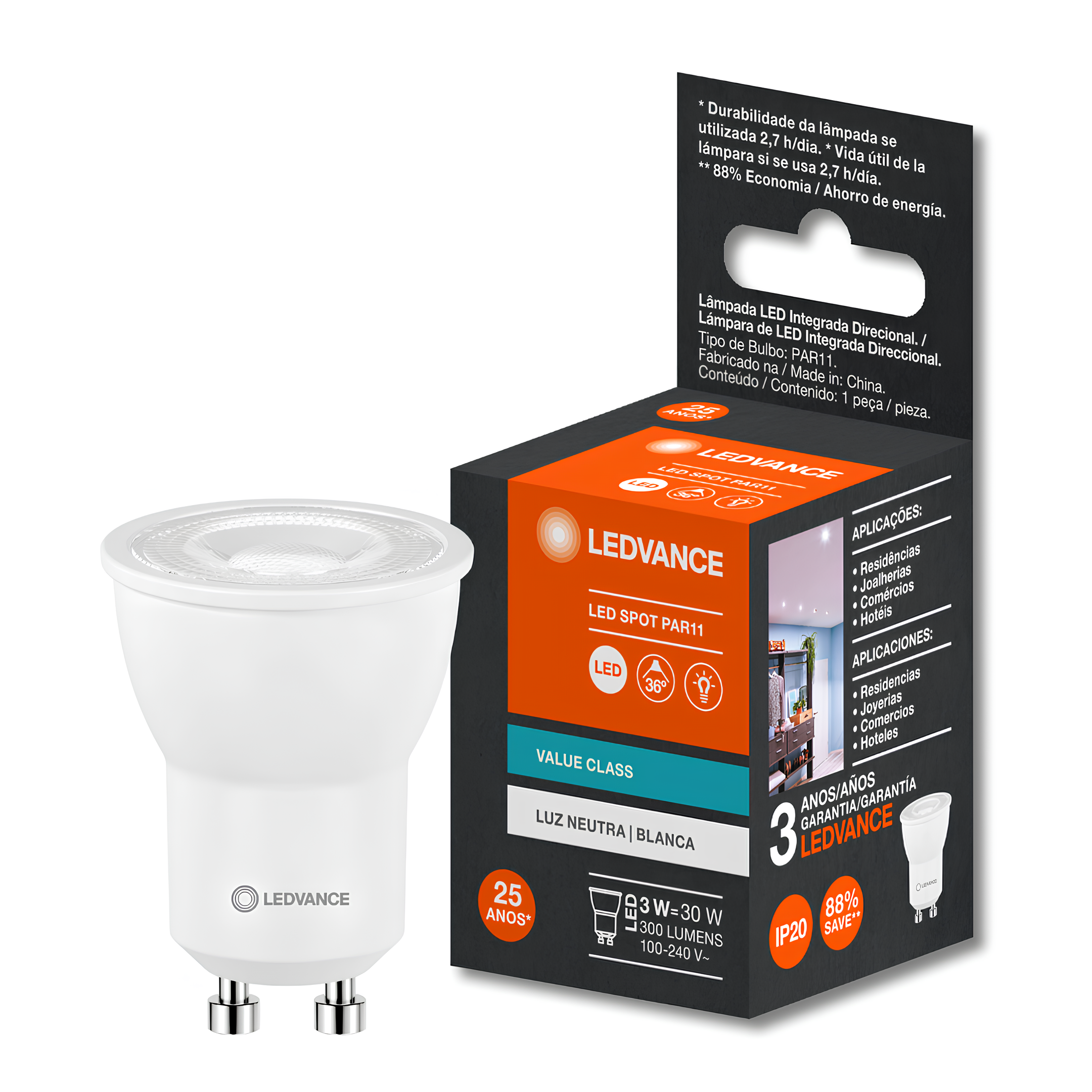 Lampada Led Dicroica Par11 3W 300Lm 36° Ip20 Bivolt Gu10 Ledvance