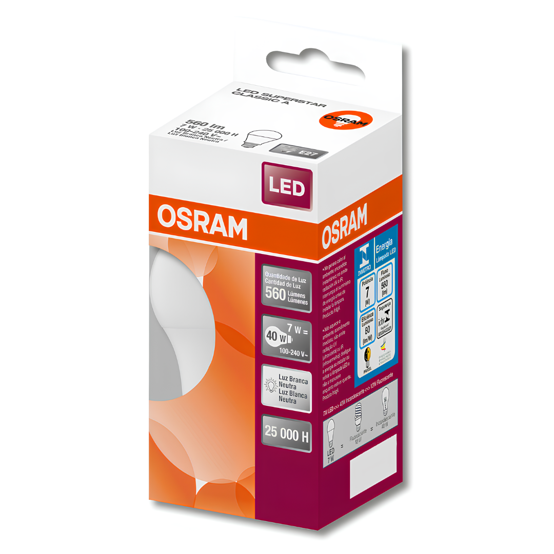 Lampada Led Bulbo 7W 4000K 560Lm 200° Ip20 Bivolt E27 Osram