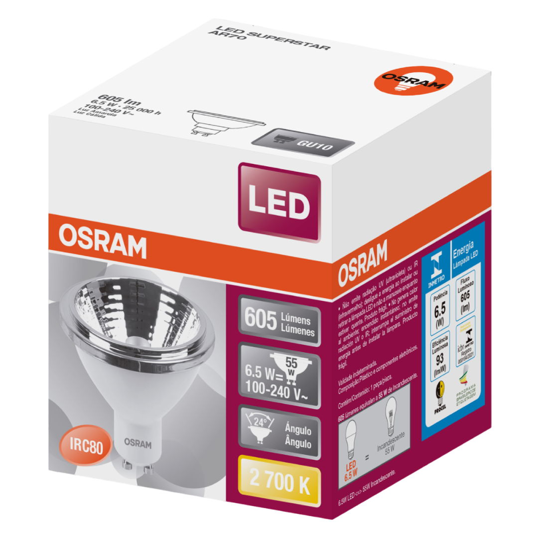 Lampada Led Ar70 24° 6.5W 2700K Bivolt 605Lm Gu10 Osram