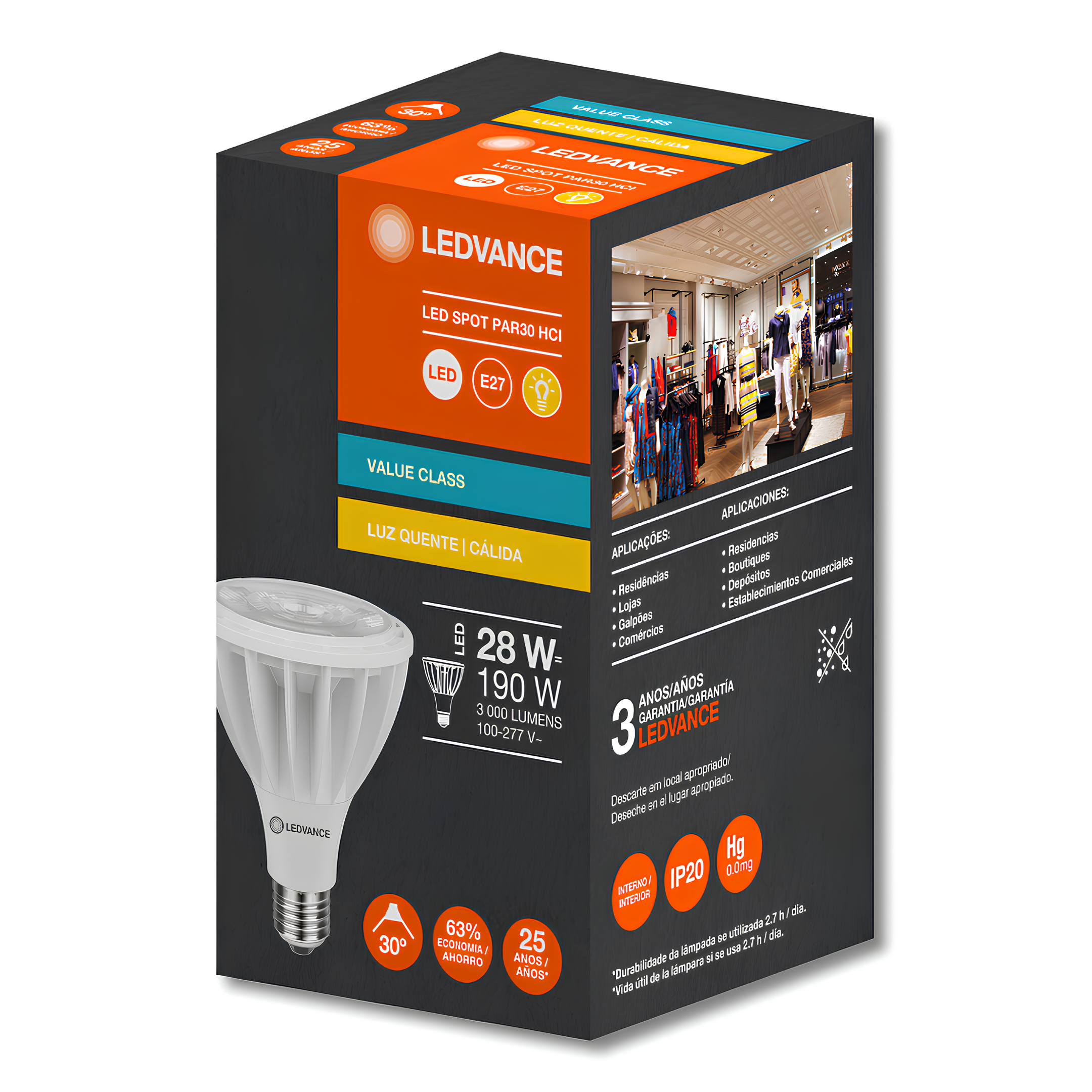 Lampada Led Par30 Hci Irc80 28W 3000Lm 30° Bivolt Ledvance