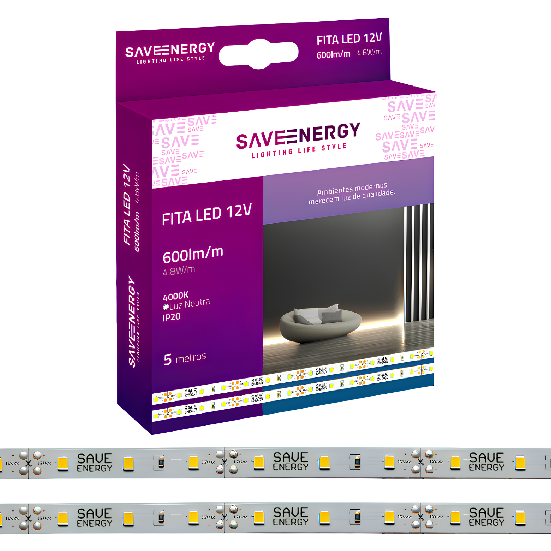 Fita Led 5 Metros 6W/m 600Lm/m 120° Ip20 12V Saveenergy