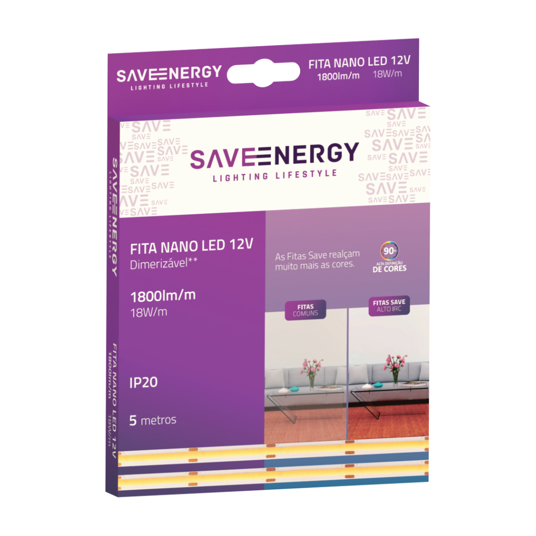 Fita Led Nano 5 Metros 18W/m 1800Lm/m 180° Ip20 12V Saveenergy