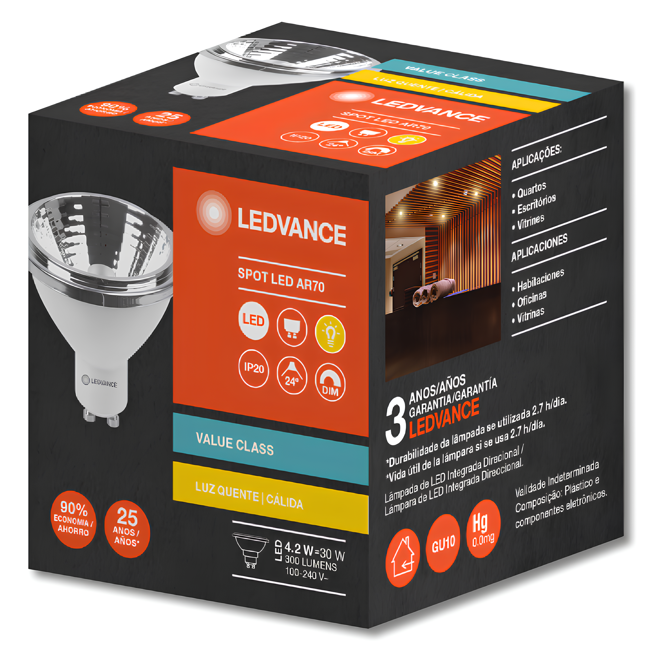 Lampada Led Ar70 Dimerizavel 4,2W 2700K 300Lm Gu10 Bivolt 7020045 Ledvance