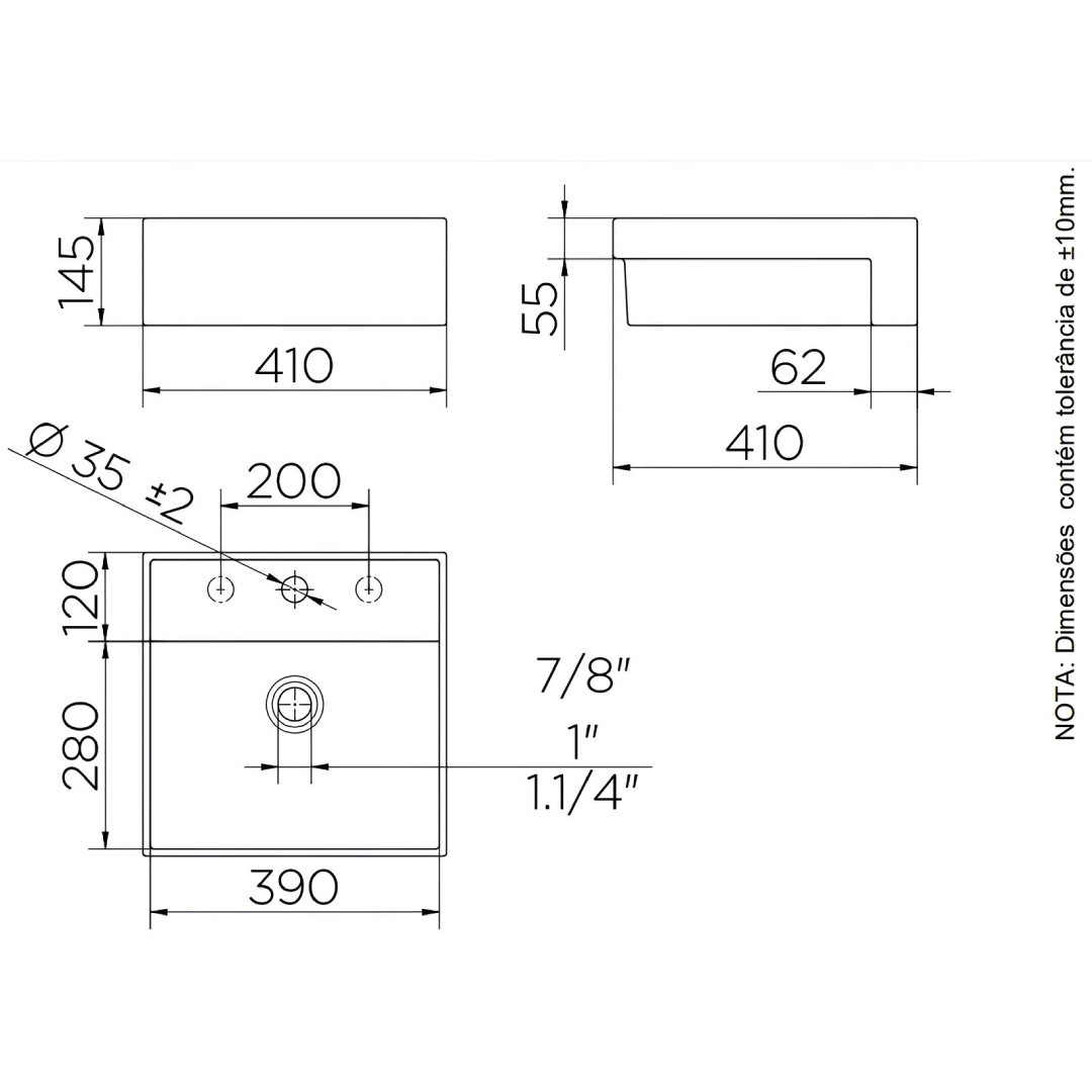 Cuba Semi Encaixe Quadrada Branca 410X410x145 00970126 Docol