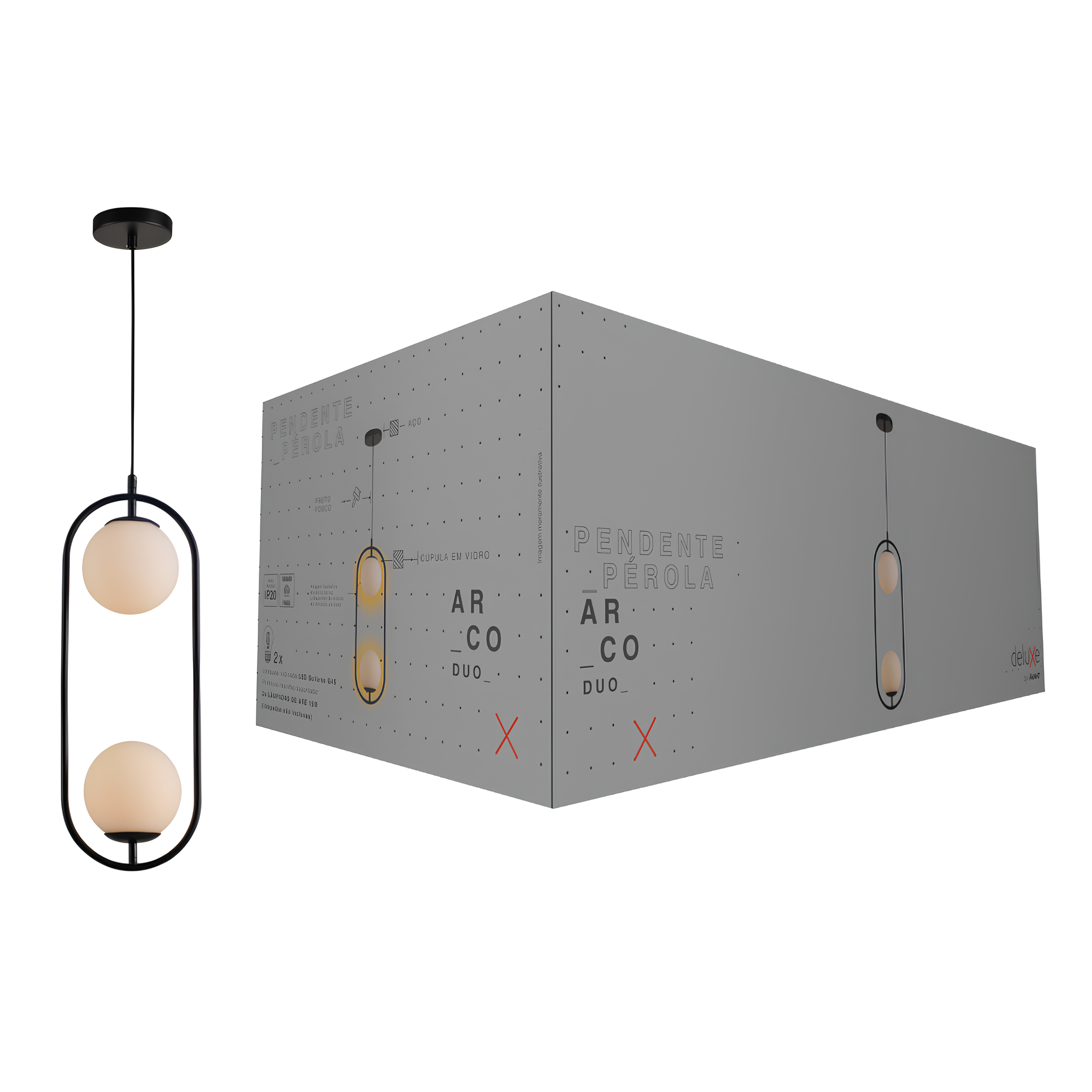 Pendente Pérola Aço 2xG45 54x20cm Aço e Vidro Ip20 E27 Avant