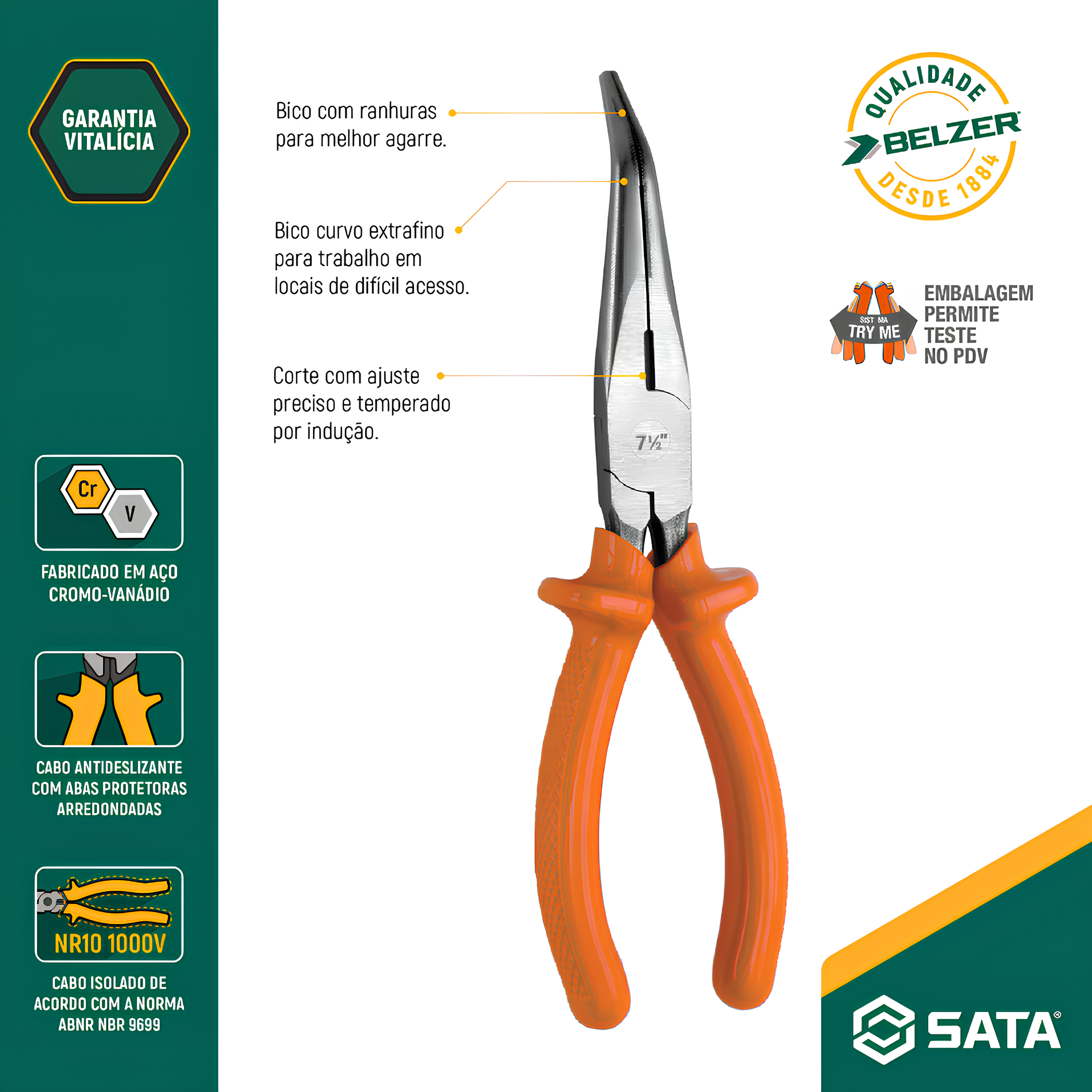 Alicate Meia-Cana Longo Curvo 7.1/2" ST72711G Sata