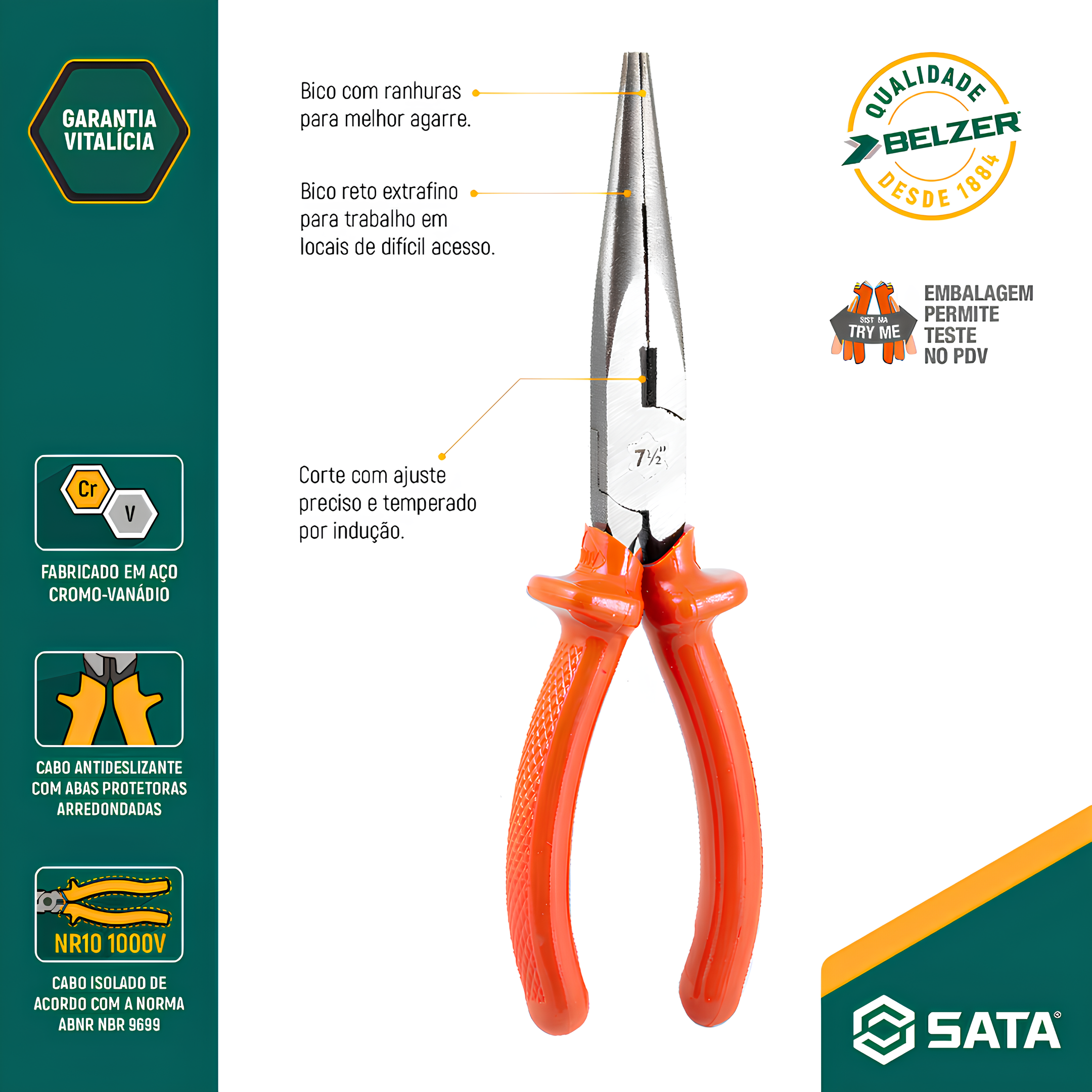 Alicate Meia-Cana Longo 7.1/2" ST72710G Sata