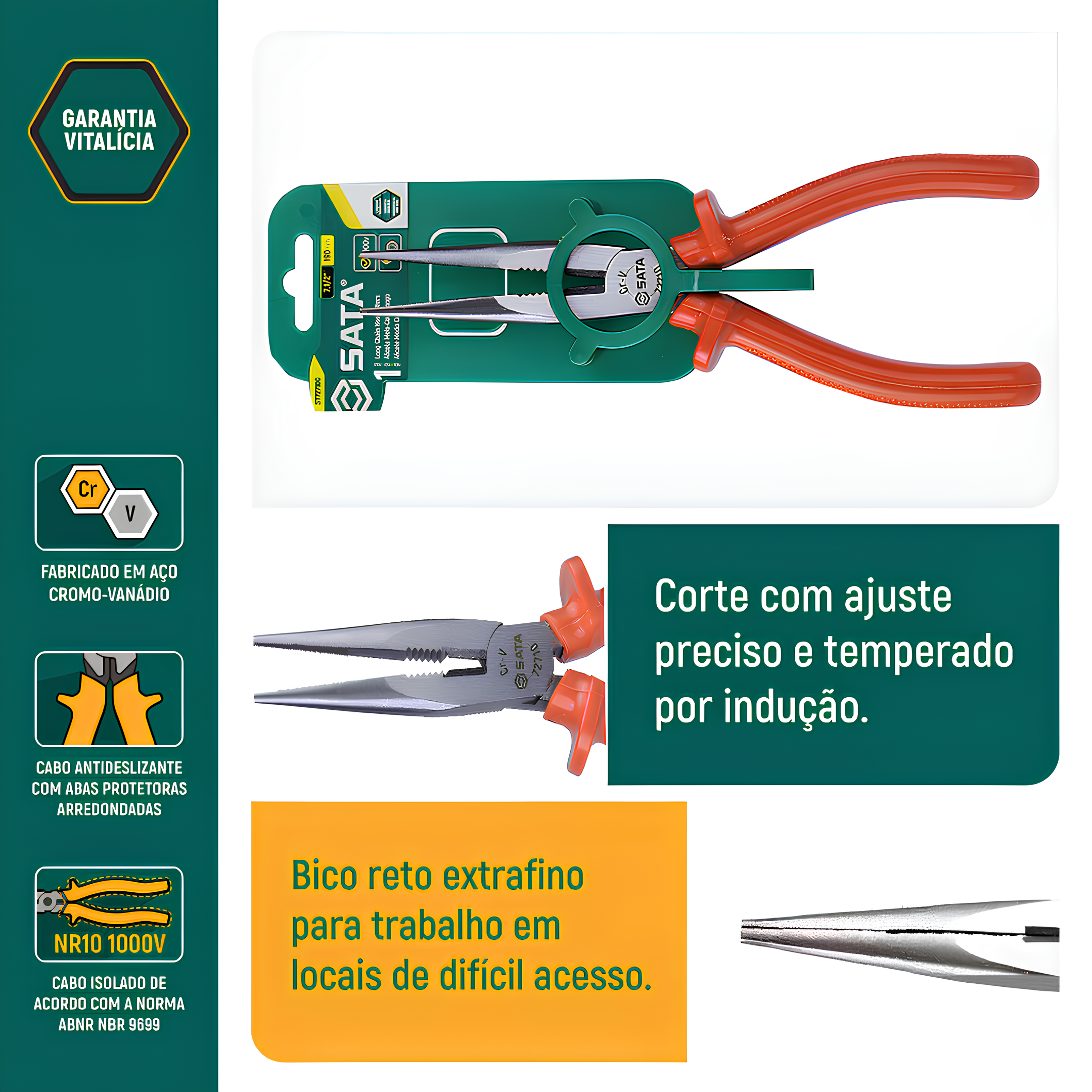 Alicate Meia-Cana Longo 7.1/2" ST72710G Sata