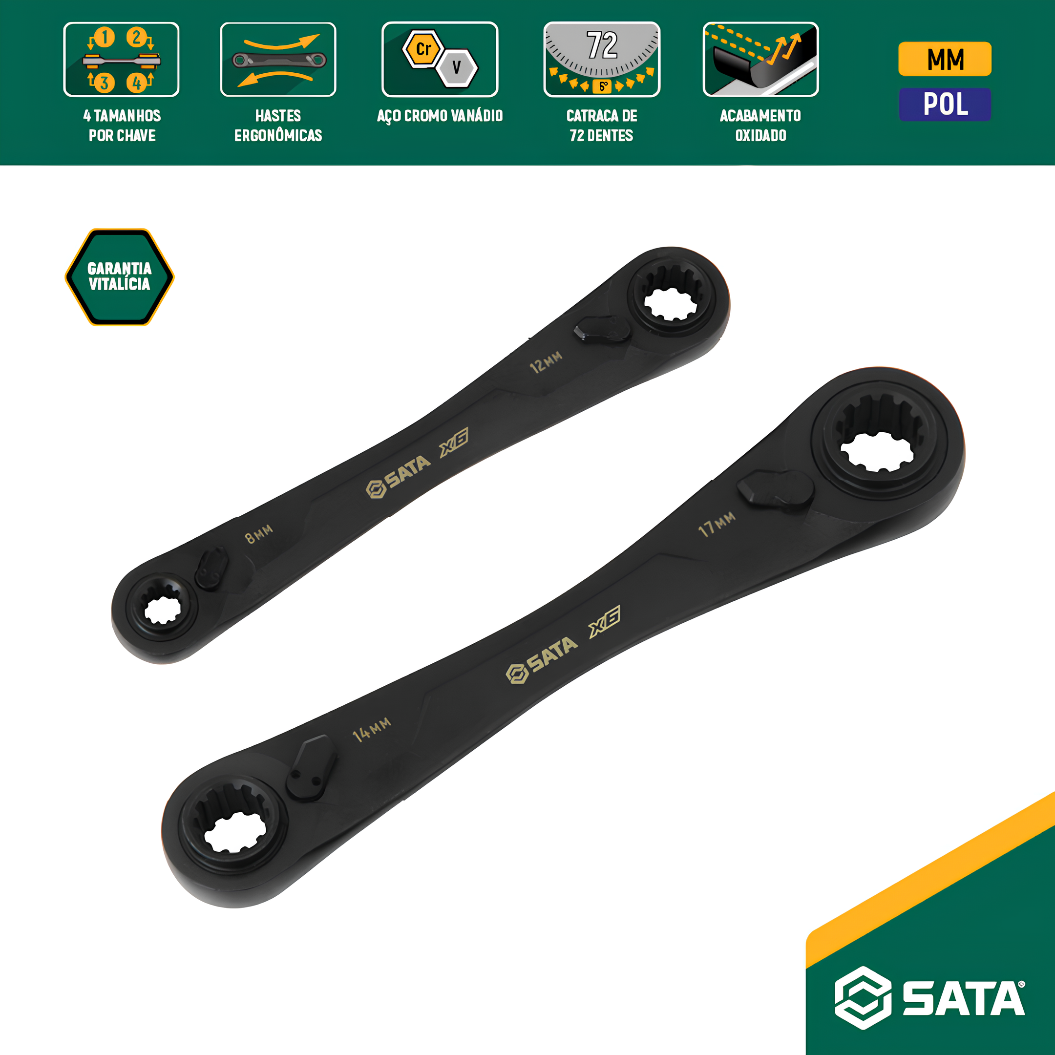 Jogo De Chaves Com Catraca Quadbox X6 2 Peças ST09059G Sata