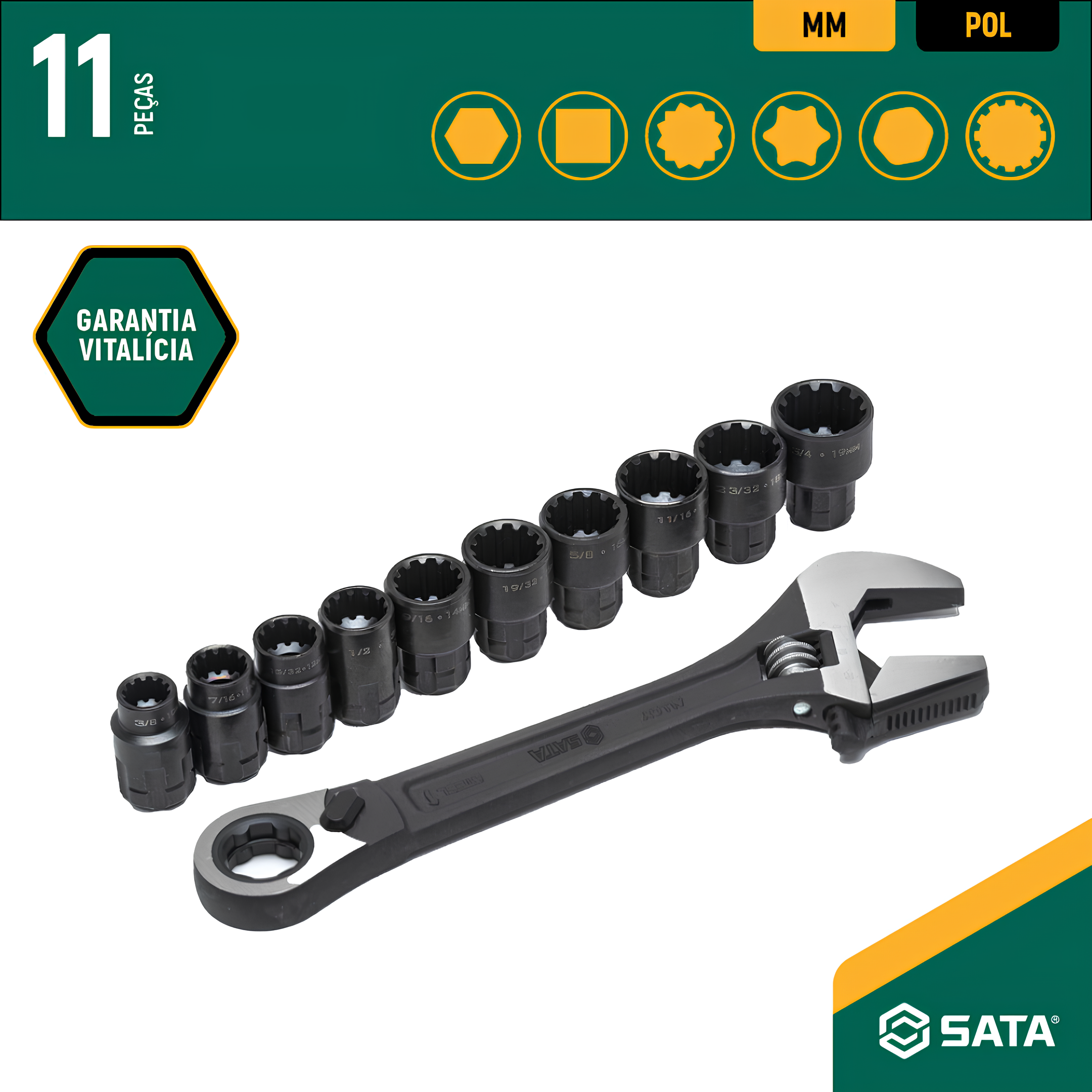 Jogo Soqutes Vortex X6 Chave Ajustável 11 Peças ST09000 Sata
