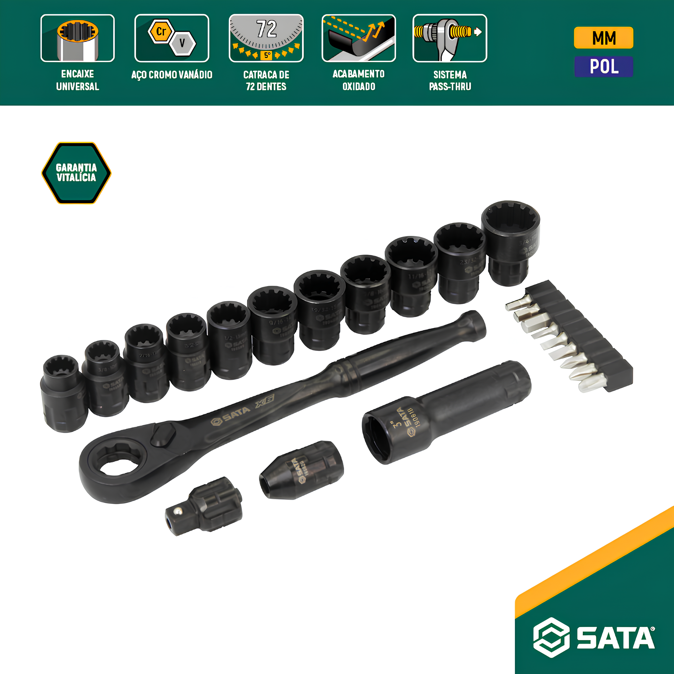Jogo De Soquetes Pass-Thru X6 24 Peças ST09060G Sata