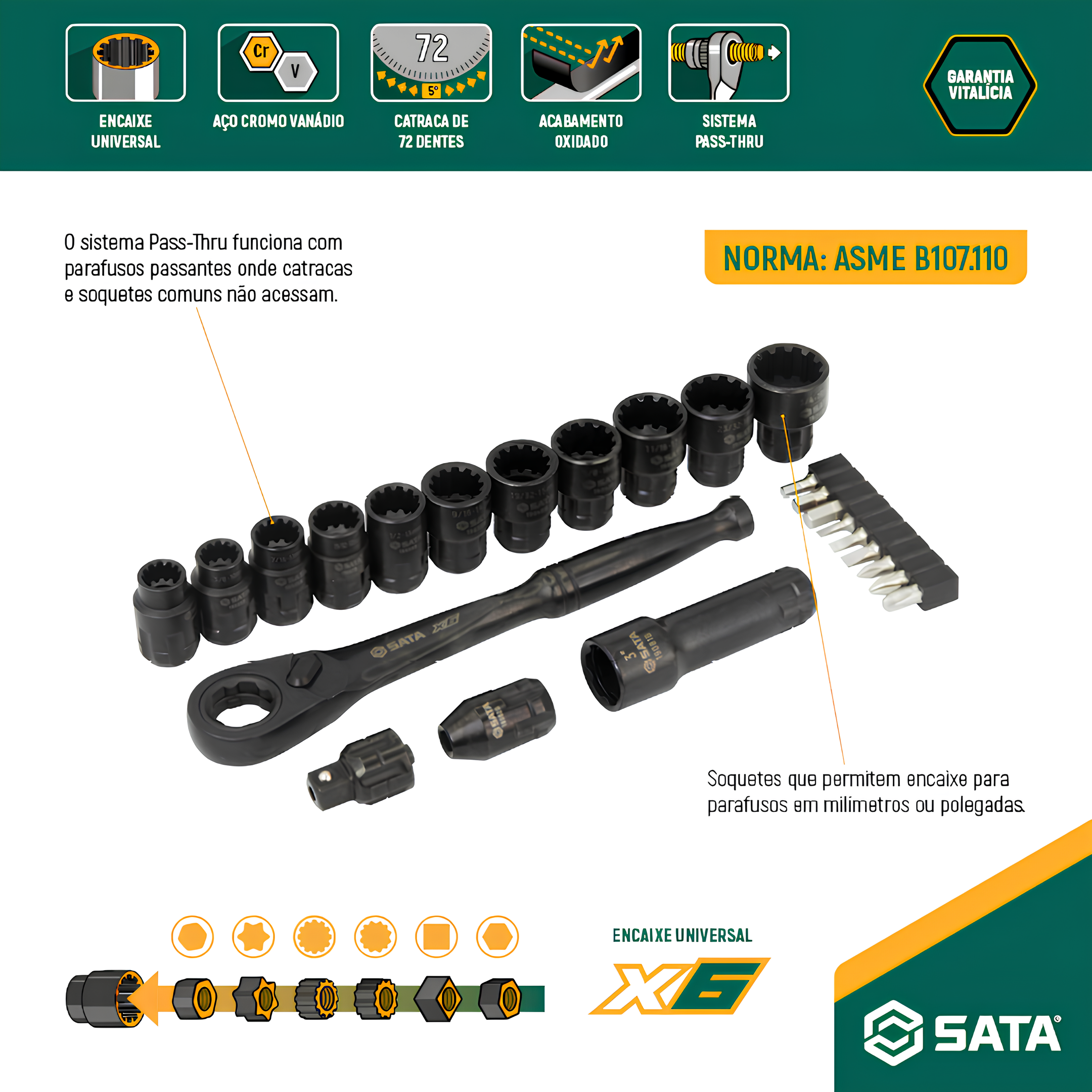 Jogo De Soquetes Pass-Thru X6 24 Peças ST09060G Sata