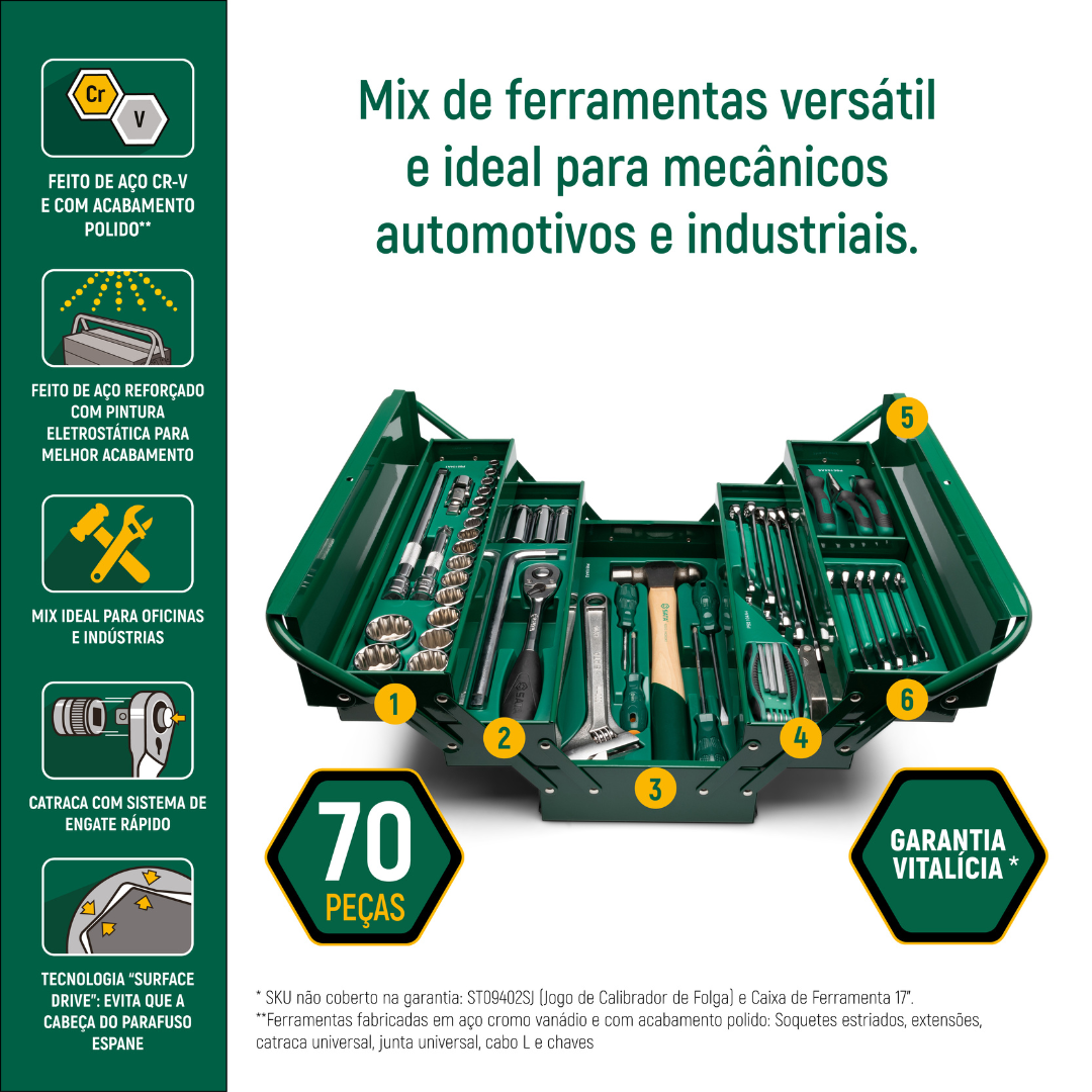 Caixa Com Jogo De Ferramentas 70 Peças ST95104A70 Sata