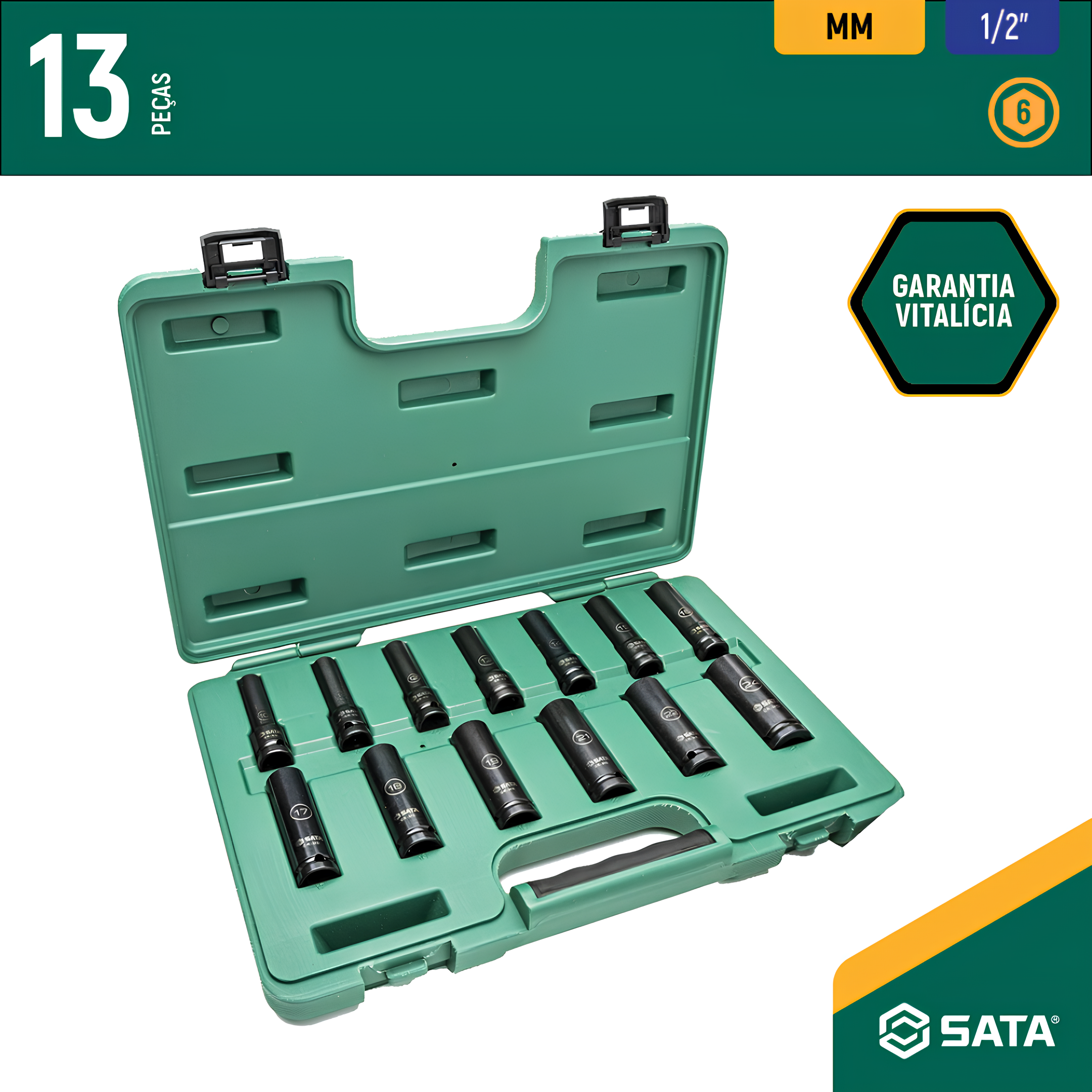 Jogo Soquete Impacto Parede Fina Longo 1/2" 13 Peças Sata