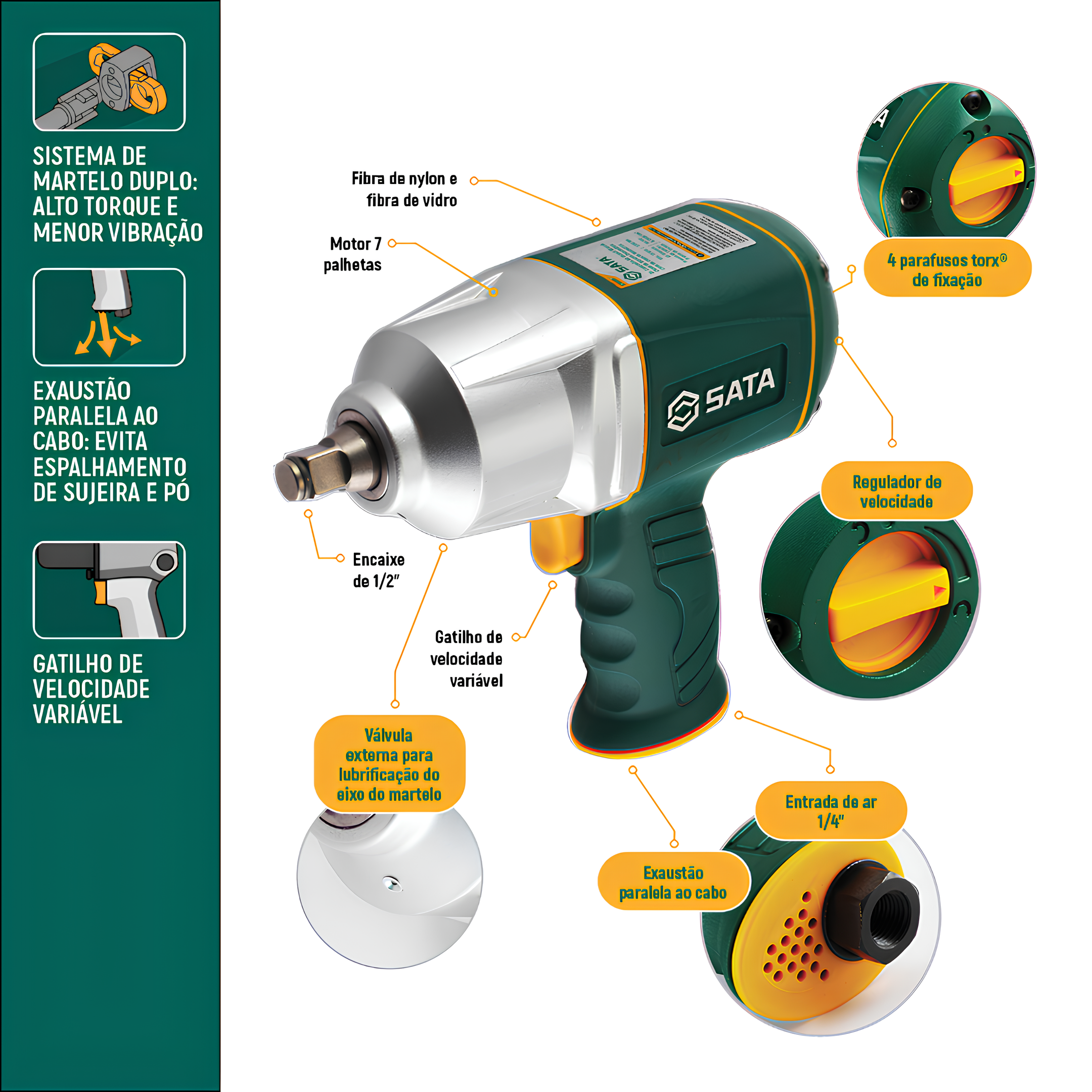 Chave De Impacto Pneumática 1/2" Heavy Pro 1050Nm ST01119 Sata