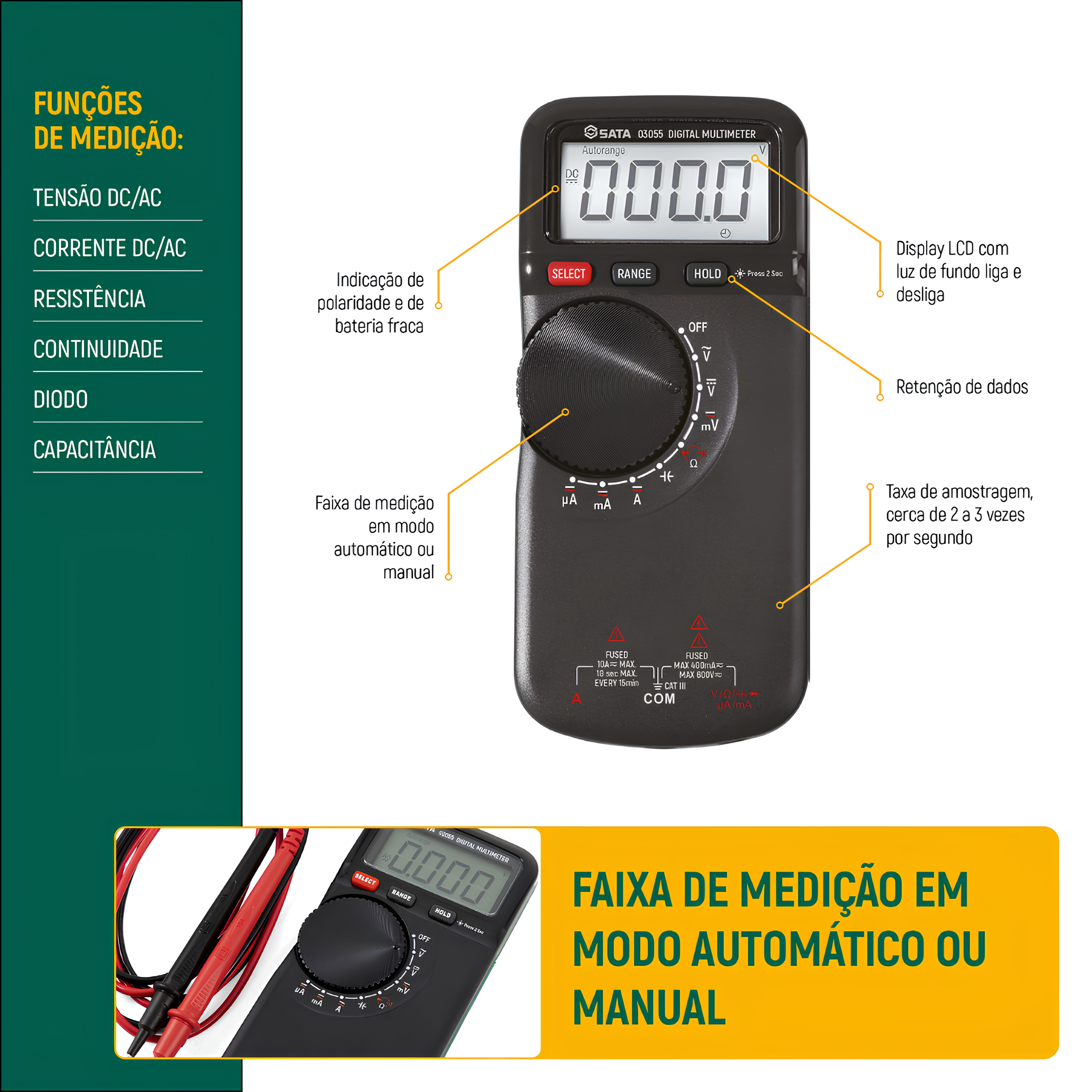Multímetro Digital Clássico Cat III ST03055 Sata