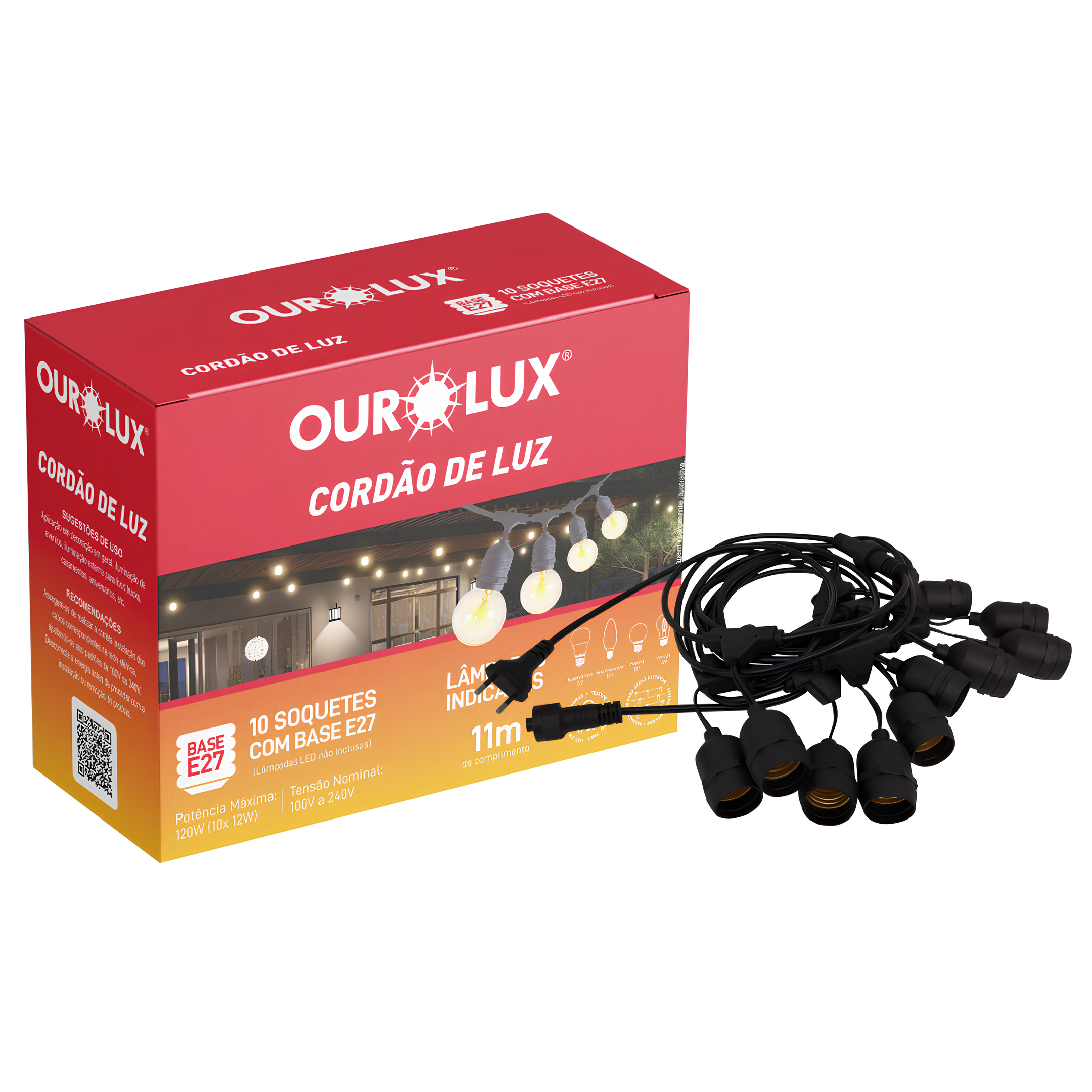 Cordao De Luz E27 Para 10 Lampadas Ip65 Preto OuroLux