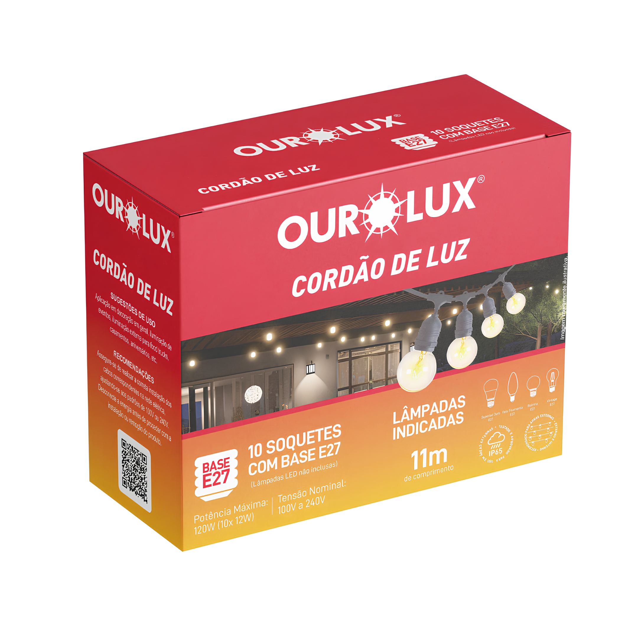 Cordao De Luz E27 Para 10 Lampadas Ip65 Preto OuroLux
